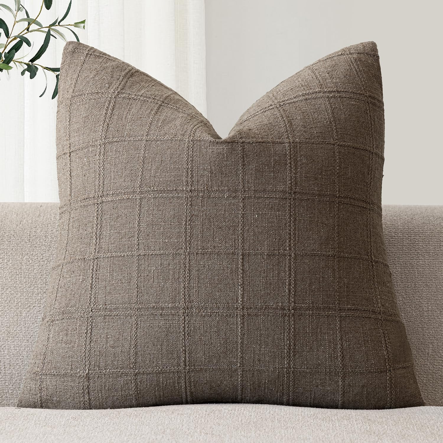 Foindtower Set of 1 Decorative Linen Check Throw Pillow Cover Neutral Farmhouse Vintage Cushion Cover Modern Boho Home Decor for Sofa Chair Couch Bedroom Living Room,26×26 Inch,Taupe Grey