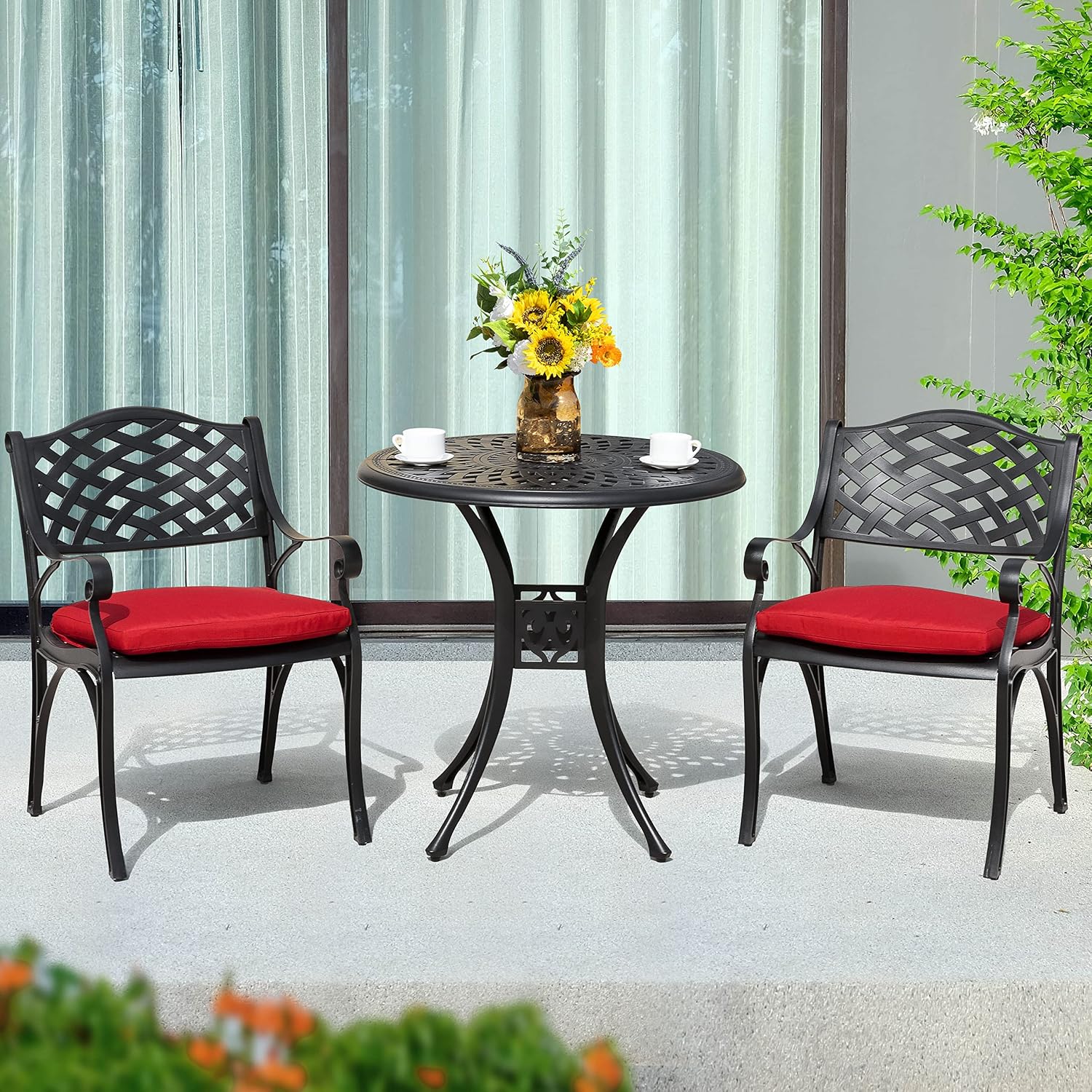 NUU GARDEN 3 Pieces Outdoor Patio Bistro Set, Cast Aluminum Patio Set with Umbrella Hole All-Weather Small Patio Table and Chairs with Red Cushions for Balcony, Patio, Black & Gold Point