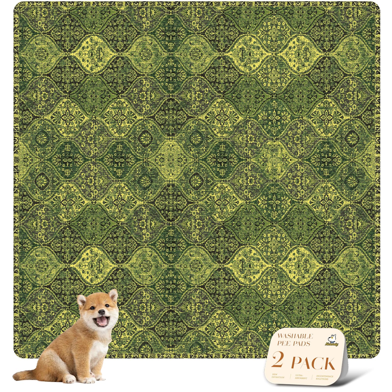 nunubaby 2PACK Washable Pee Pads for Dogs, Stylish, Non-Slip and Leak-Proof Pee Pads. Reusable Potty Pads for Dogs for Crates and Floors.(Green/Multi,72" x72" )