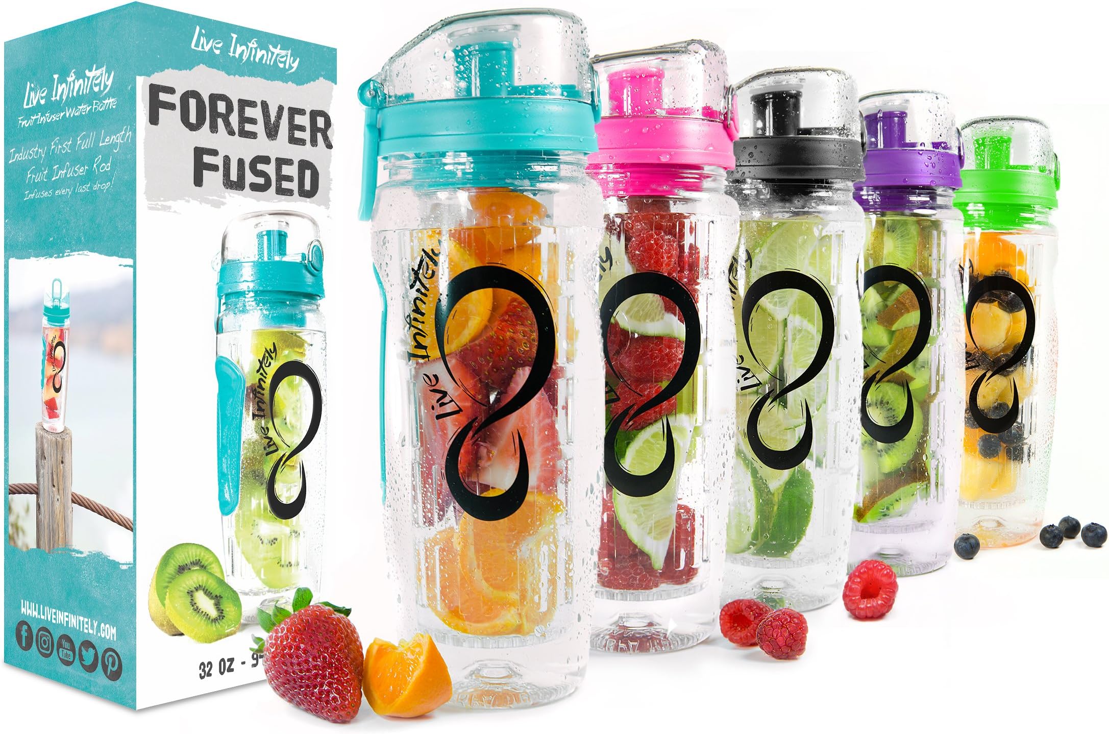 Live Infinitely Fruit Infuser Water Bottle - Featuring a Full Length Infusion Rod, Flip Top Lid, Dual Hand Grips & Recipe Ebook Gift - Fruit Infused Water Bottles (Bright Teal, 32 oz)