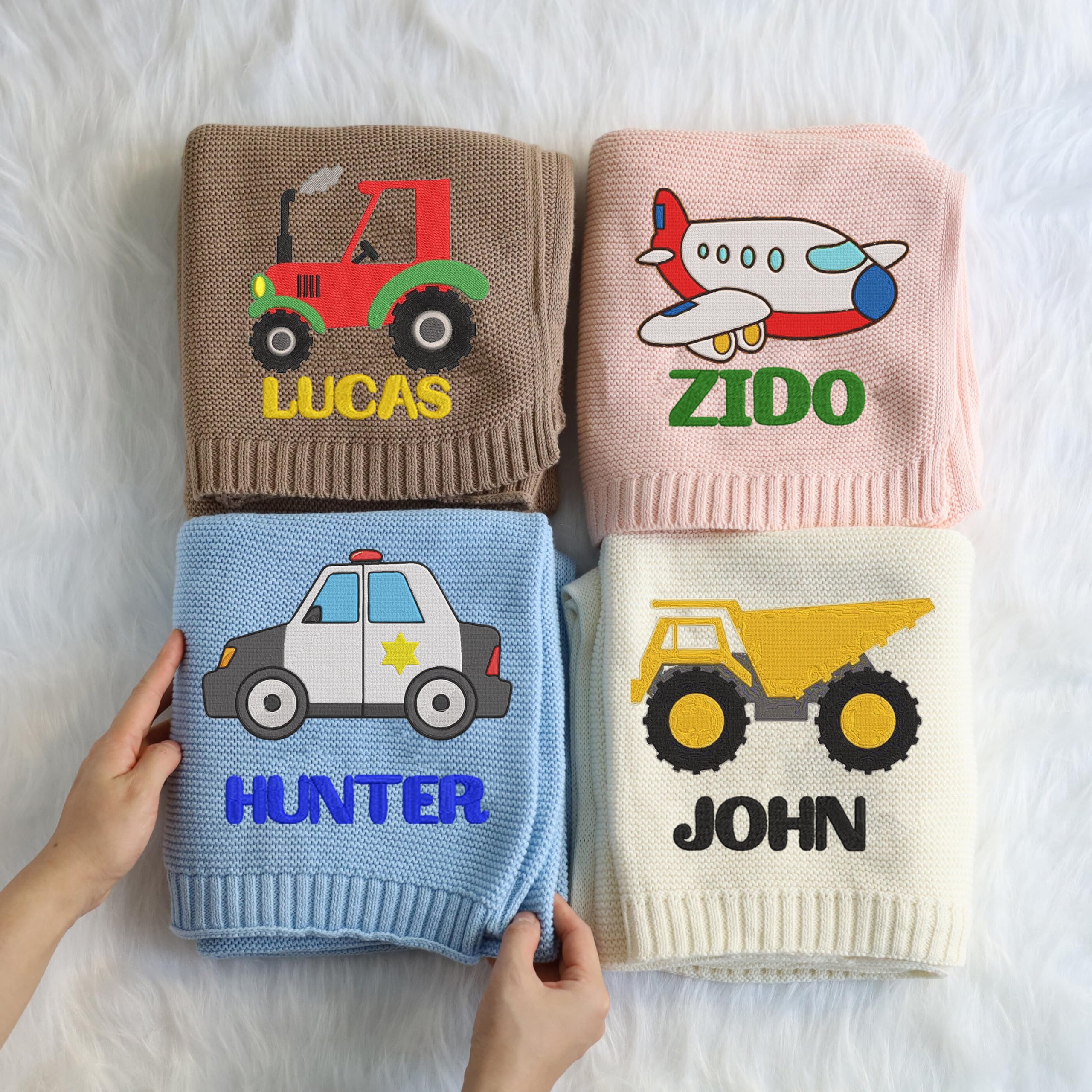 LOVELYPOD Personalized Baby Boy Knit Blanket, Custom Embroidered with Name and Icon, 30x40in Nursery Blanket Gifts for Newborn Baby Girl, Newborn Holiday Shower Gift, Cotton Knit Stroller Design 02