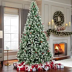 Arvore de Natal, 1.8M Arvore de Nata 850 Galhos, Decoração de Natal, Árvore de Natal com Pinhas, Cerejas e neve, com Base de Metal, (1.8M)