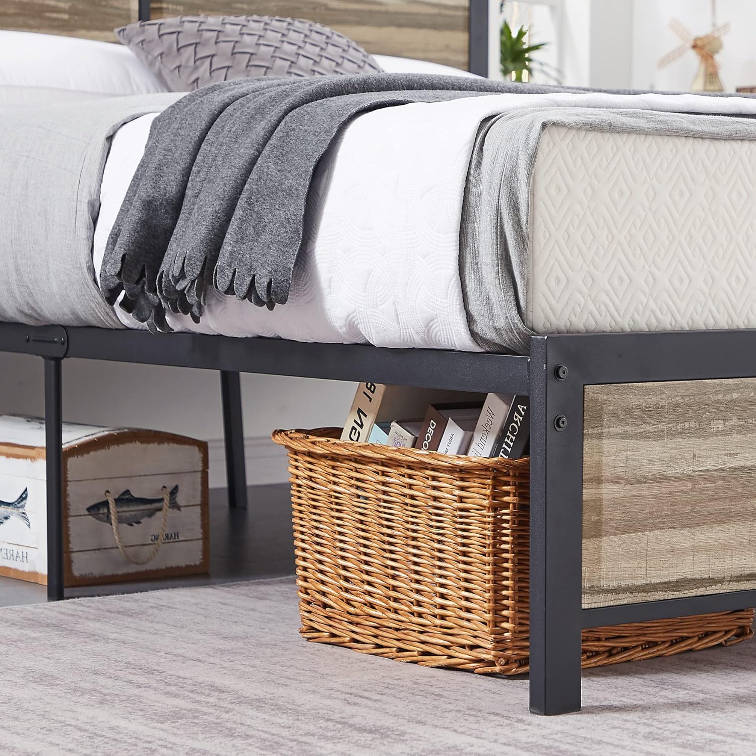 VECELO Queen Size Platform Bed Frame demonstrating under-bed storage space with a basket.