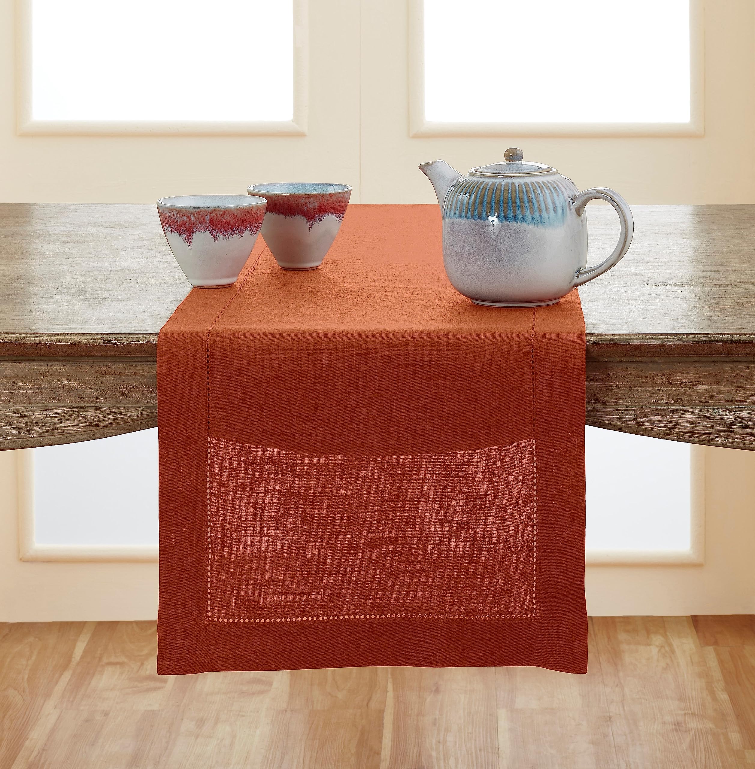 Solino Home Cinnamon Linen Table Runner â€“ 100% Pure Linen 14 x 108 Inch Long Table Runner for Party, Event, Indoor, Outdoor â€“ Classic Hemstitch, Handcrafted from European Flax
