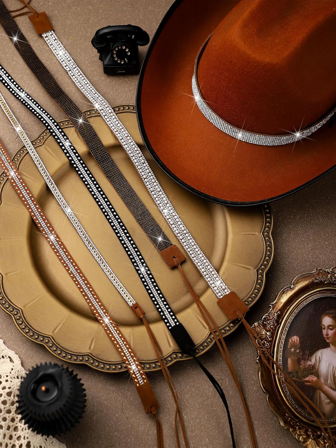 Hotop 6 Pcs Bling Rhinestone Hat Band Rhinestone Cowboy Hat Bands for Cowboy Hats Western Style Hatbands for Women Men(Black White) - Image 5