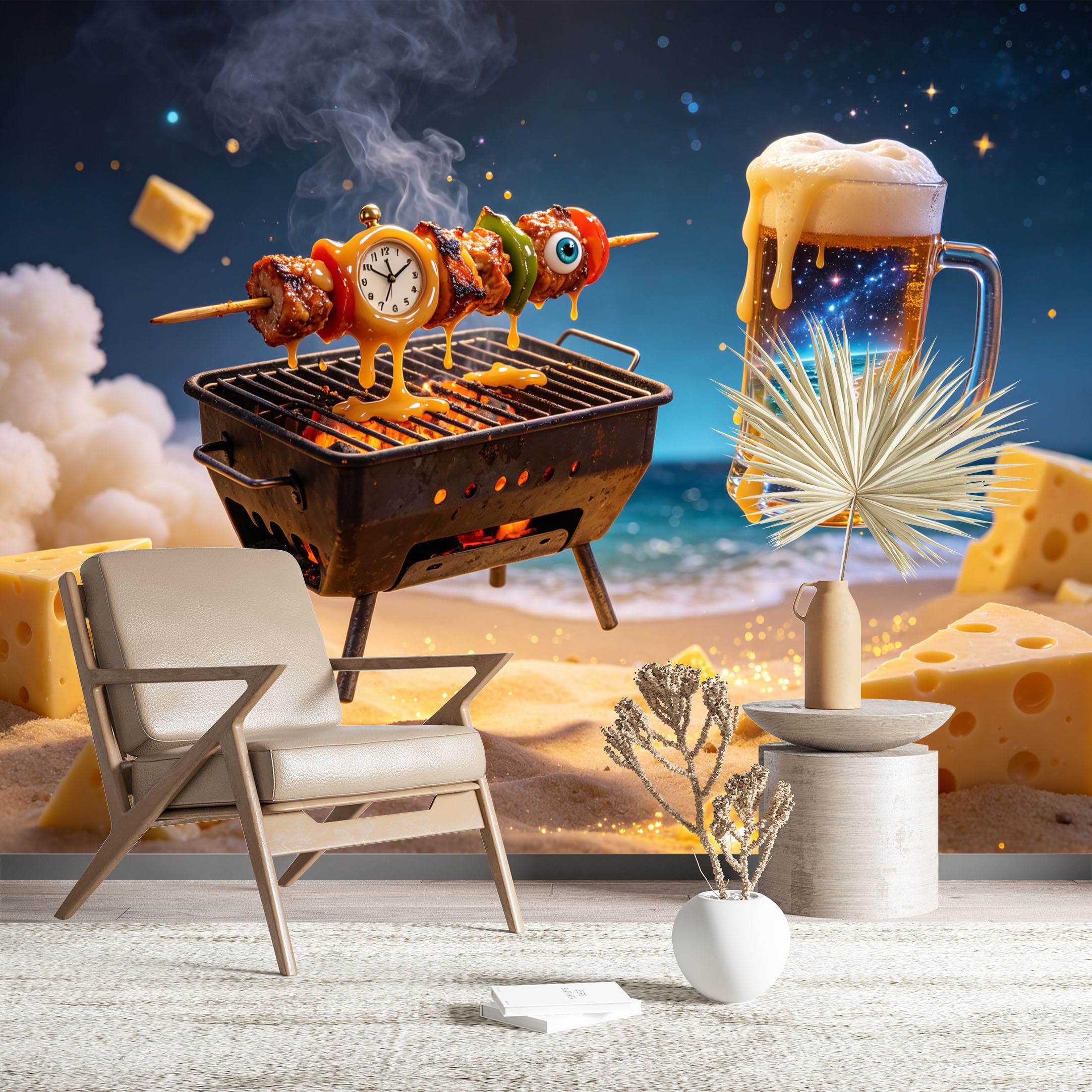 Custom Size Wall Murals Starry Beach BBQ with Beer and Cheese Wall Murals Fantasy Food Wallpaper HD Self-Adhesive Removable Wallpaper for Living Room Bar