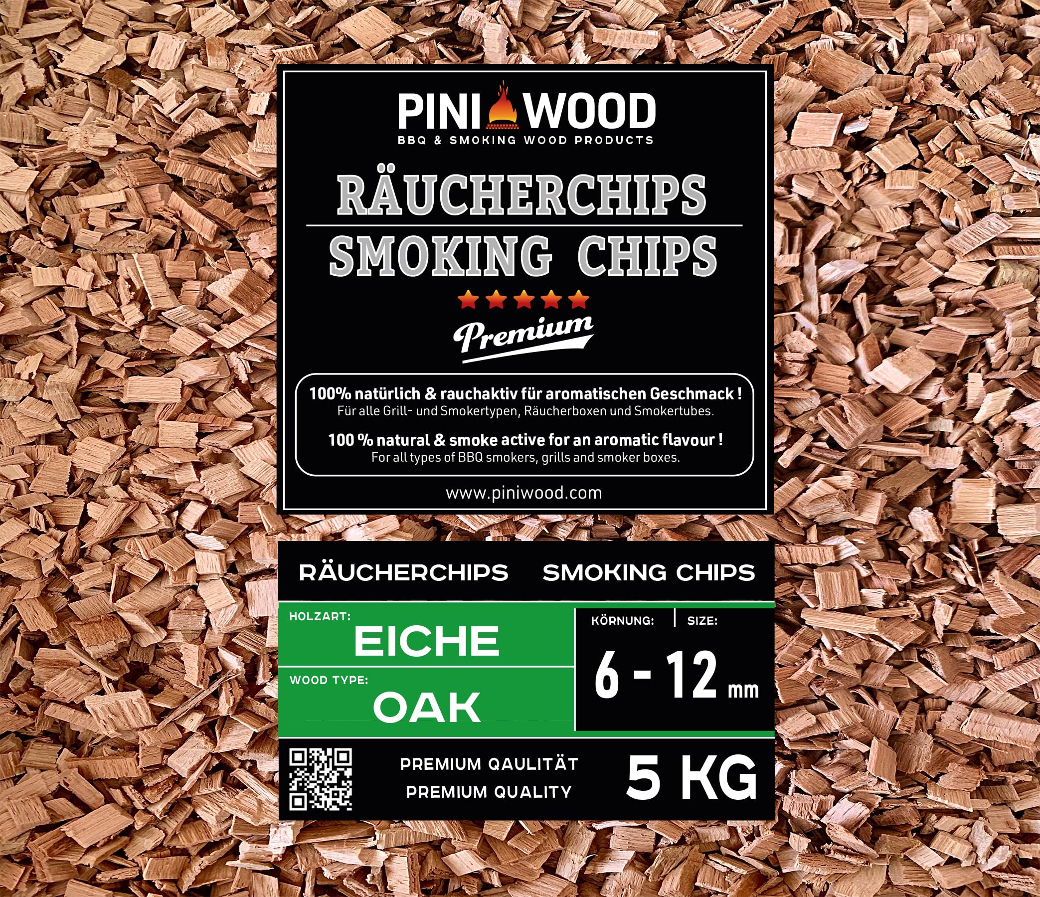 PINI 5 kg di trucioli per affumicatura di quercia, 6-12 mm, trucioli per affumicatura, 18 litri