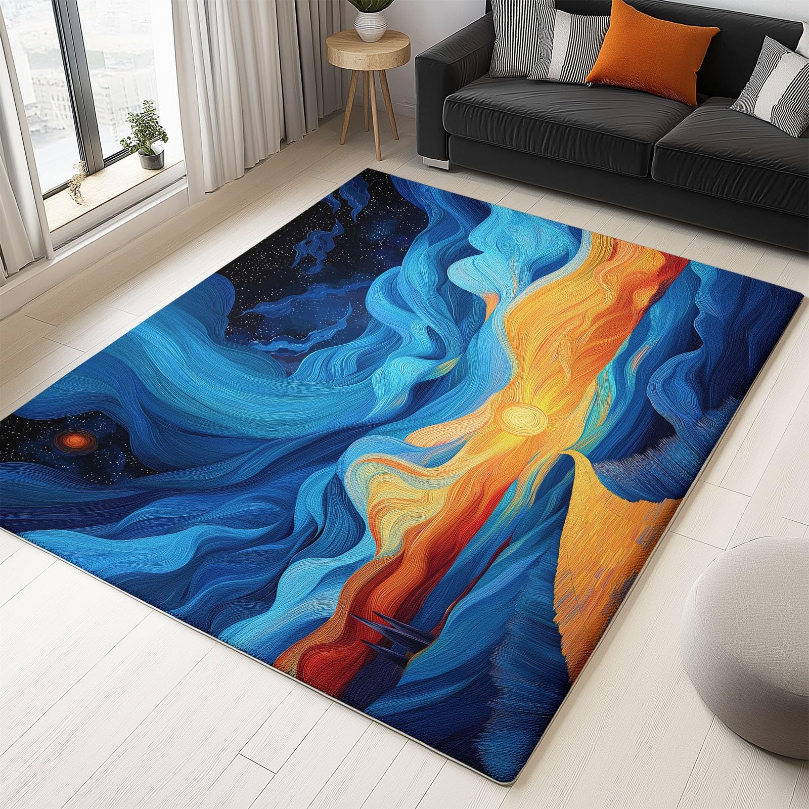 Abstrakcyjny dywan z zachodem słońca gwiaździste niebo 120 x 170 cm - Wycieraczka do drzwi do wnętrz i na zewnątrz Dywan ciemnoniebieski antypoślizgowy i pyłoszczelny wodoodporny dywan wejściowy
