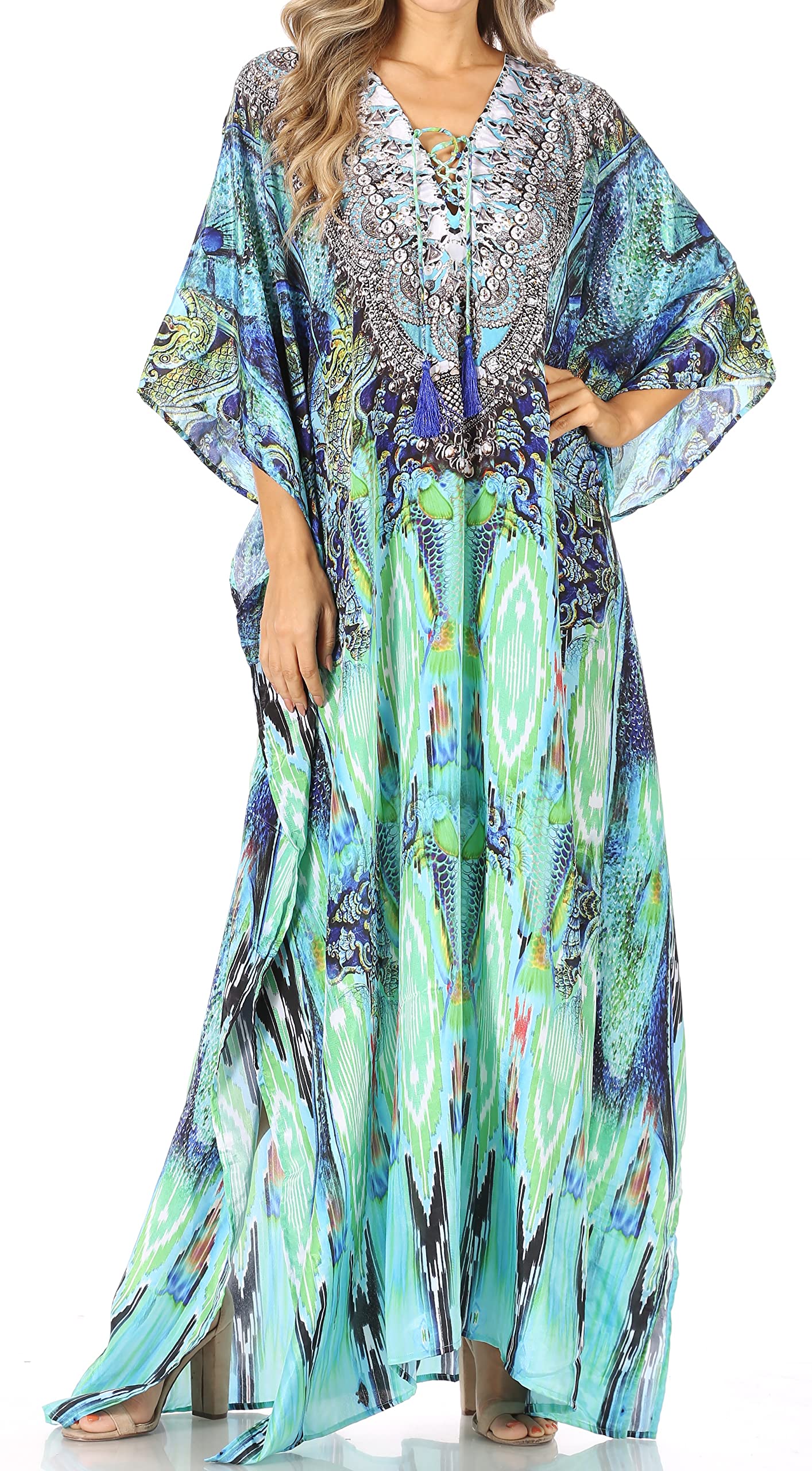 Sakkas Yeni Women's Short Sleeve V-Neck Summer Floral Long Caftan Dress Cover-up