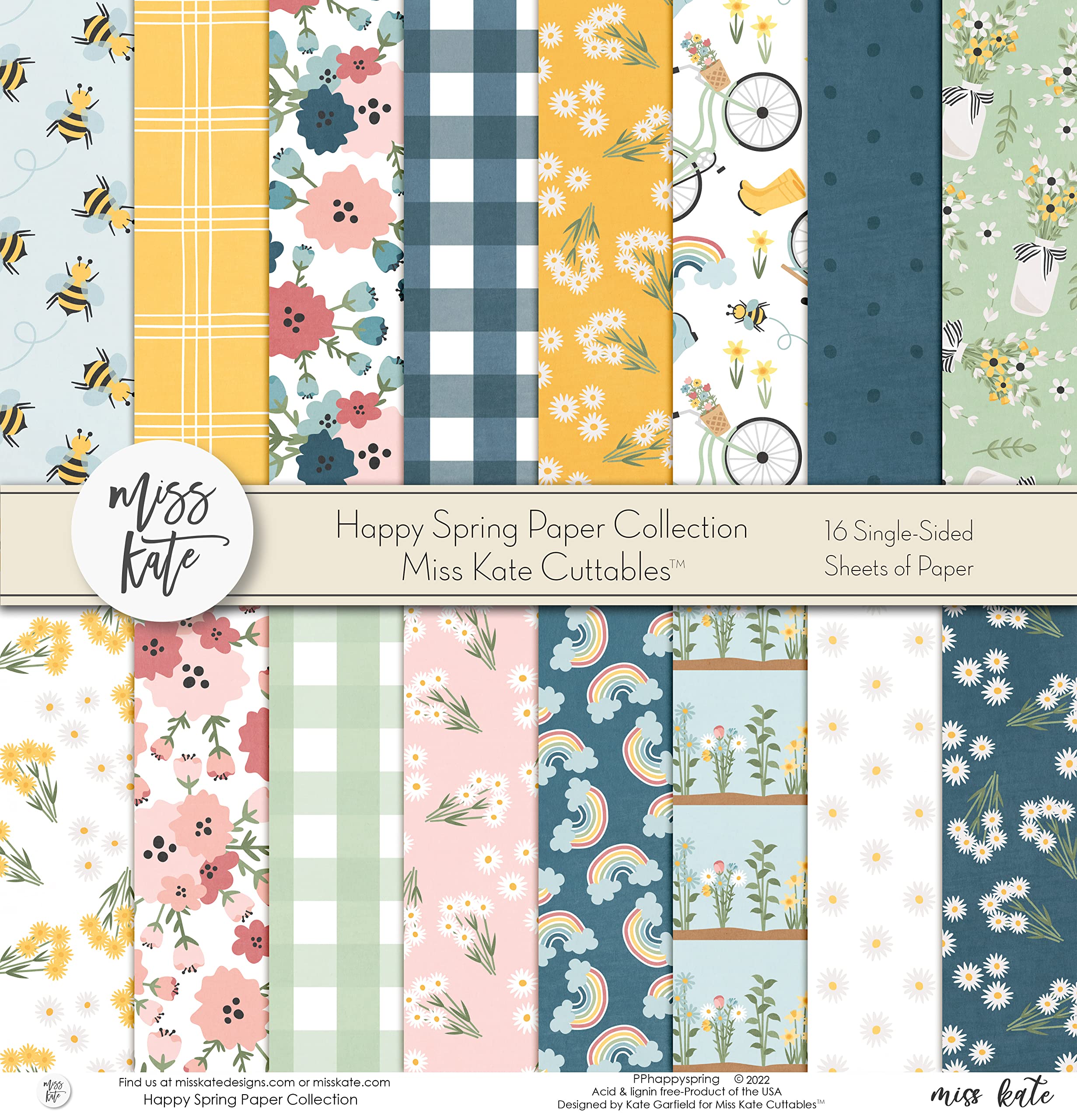 Pattern Paper Pack - Happy Spring - for Easter Scrapbook Premium Specialty Paper Single-Sided 12"x12" Collection Includes 16 Sheets - by Miss Kate