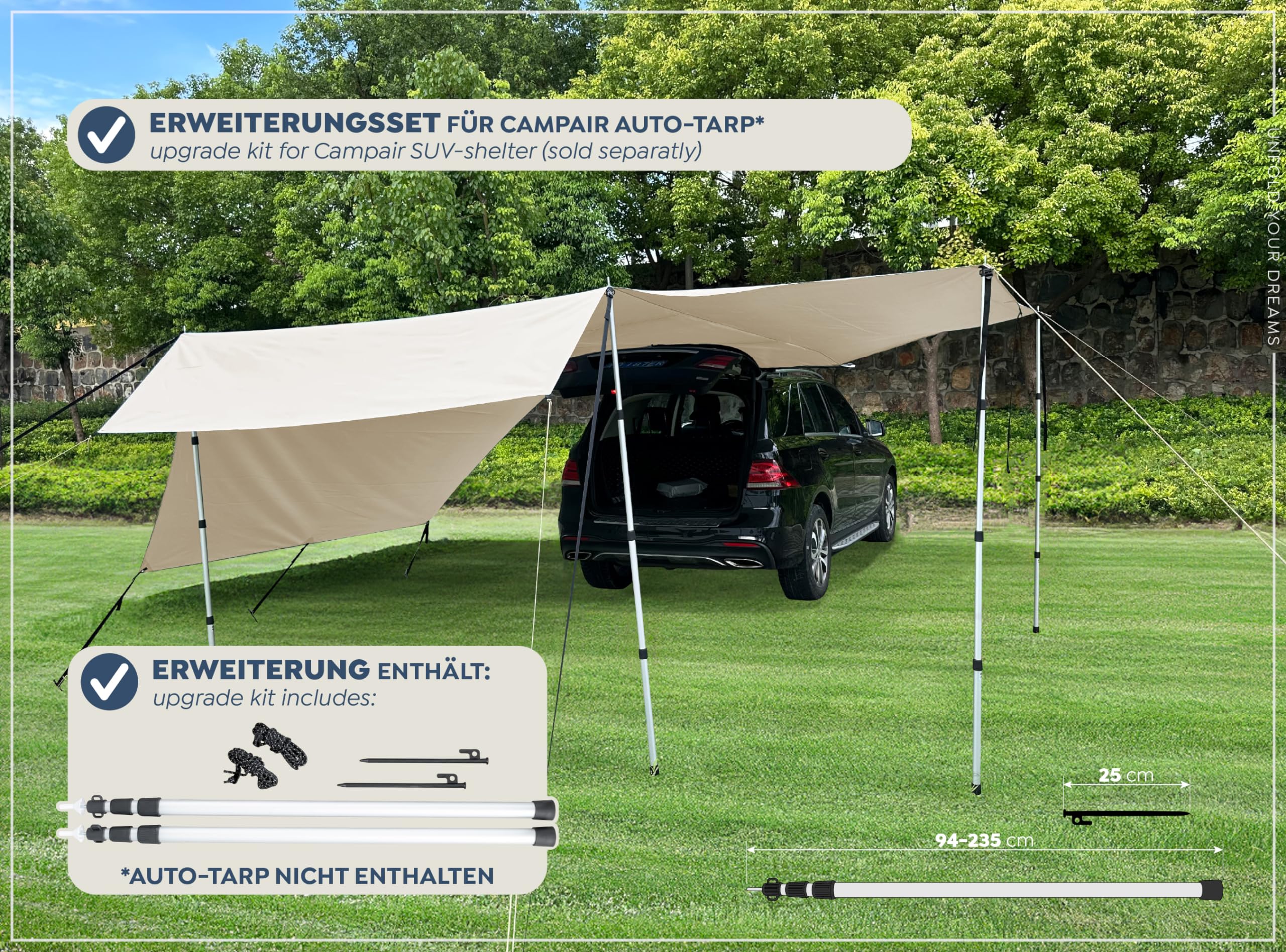 Campair Ergänzungsset für Campair Auto-Tarp Sonnensegel/Upgrade-Kit zum Aufstellen des Seitenteils | Stufenlos verstellbar 94-237 cm, Stahlheringe 25 cm, Abspannleinen 360 cm reflektierend, für KFZ, SUV, Shelter und Tarps