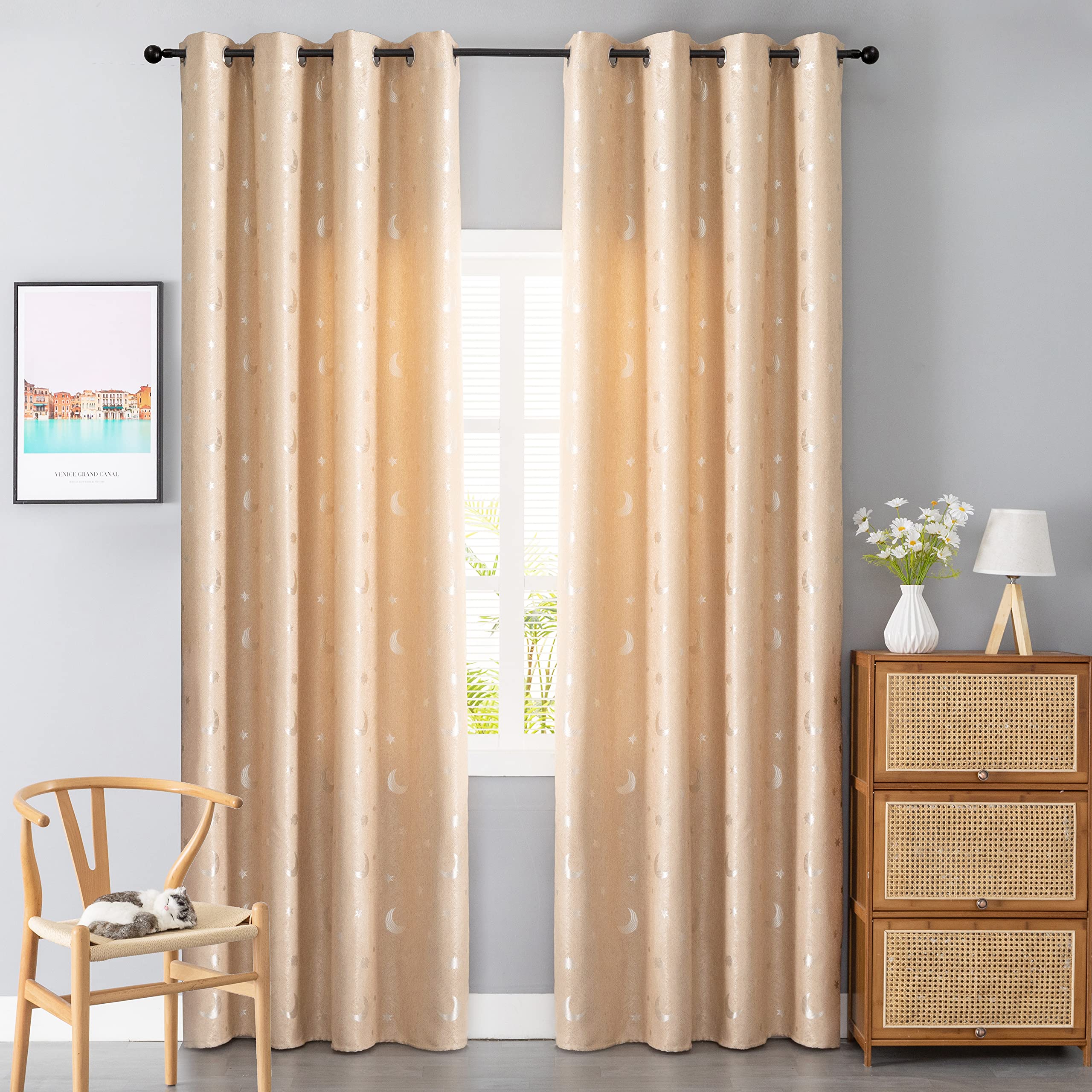 GIRASOLE HOME® Paire de rideaux Jacquard semi-occultants fantaisie Lune et étoiles rideau souple Thermique Isolant pour Chambre Chambre et Intérieur 2 panneaux avec œillets (beige étoiles, 140x275 cm)
