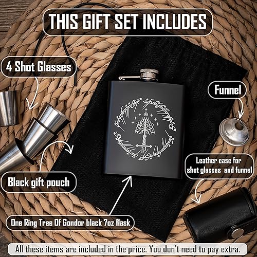 Miniatura 3 de Tree Of Gondor Black Hip Flask 7oz One Ring Gift for Husband Great Gift Idea for Fans of Lord Rings | Set of Engraved Flask 1 Funnel & 4 Shot