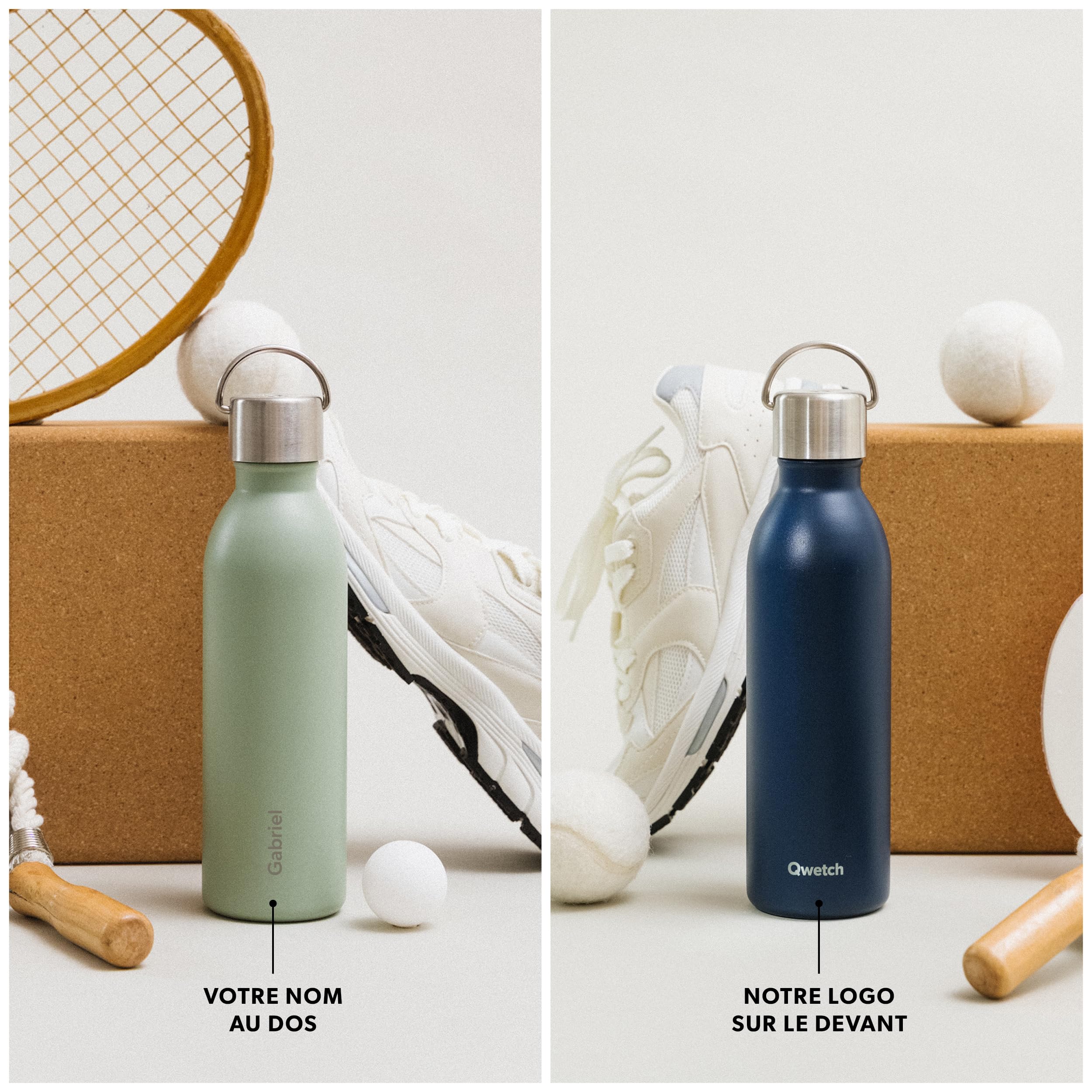 Qwetch - Bouteille Isotherme Personnalisable Noir 600ml - Gourde Prénom Gravé - 24h Froid/12h Chaud - Inox Recyclé - Étanche & Compacte