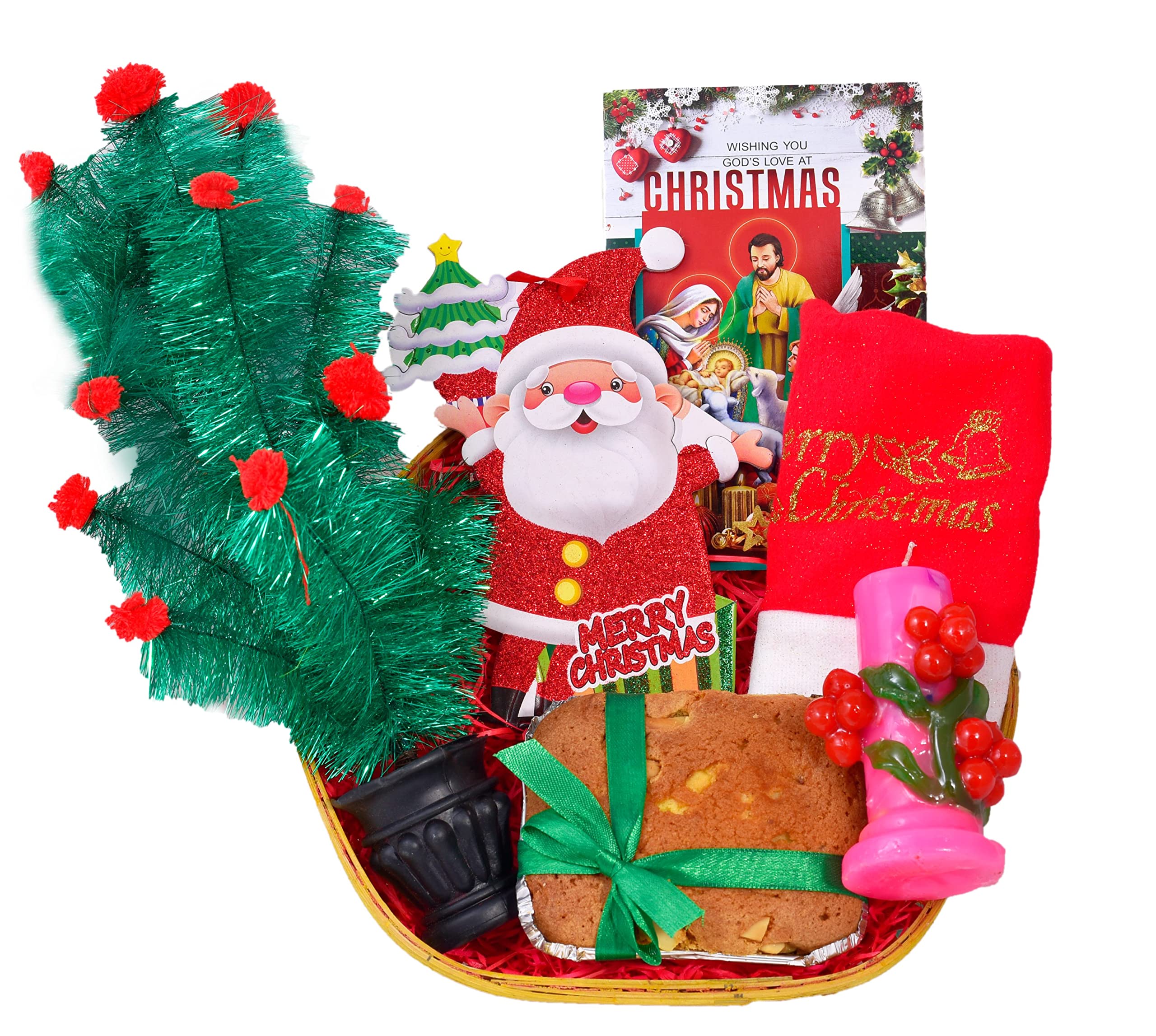 Christmas Cake Gift Hamper/Christmas Gift for Kids/Christmas Gifts-Decorated Basket+150gms Cake+Christmas Tree+Christmas Decorative hangings+Santa Claus Cap+Cherry Tree Candle+Christmas geeting Card-image-13