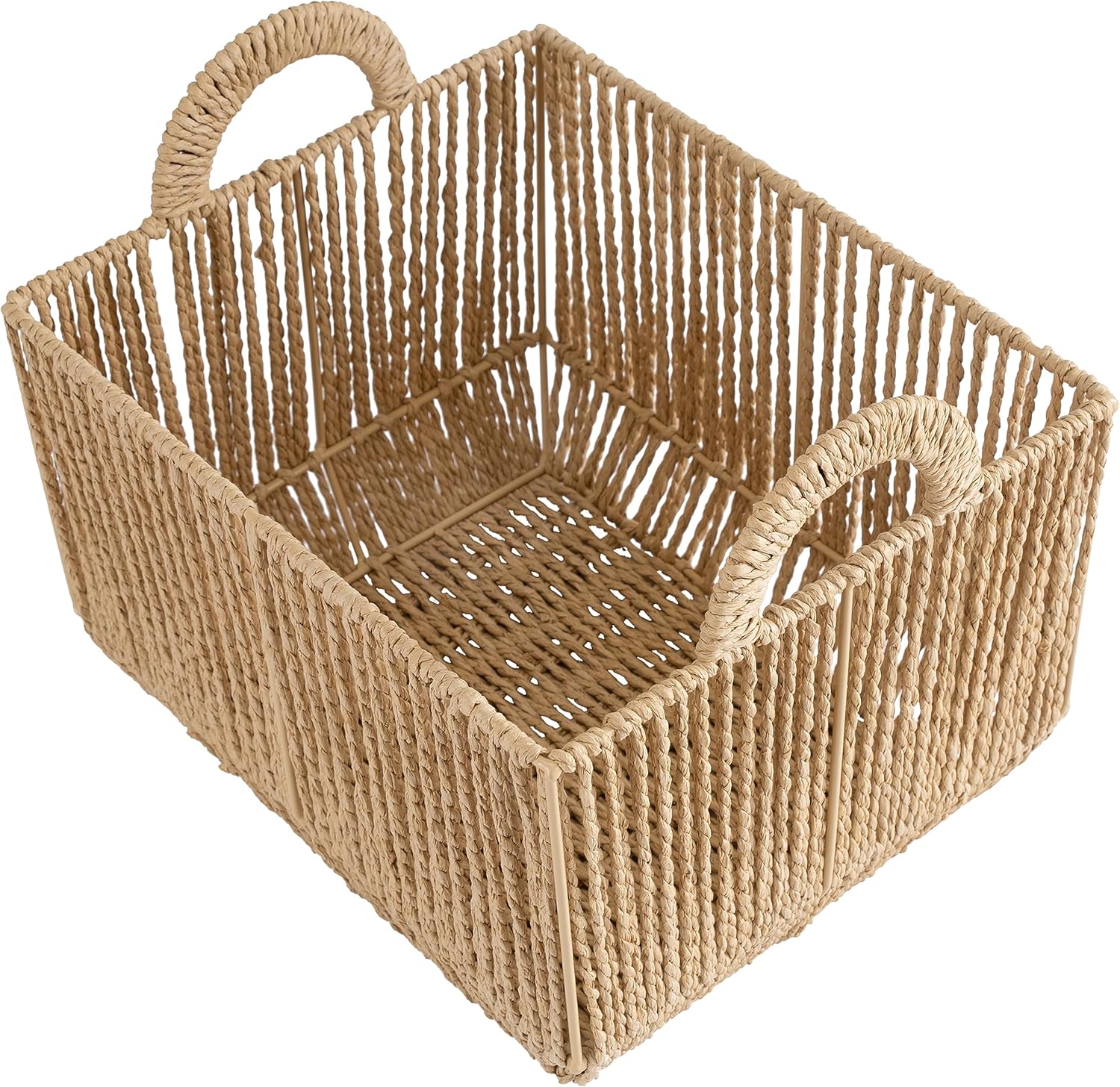 Simplify Large Storage Basket with Round Handles | Dimensions: 15"x 13"x 10" | Vertical Weave Design | Home Organization | Paper Rope Material | Great For Living Spaces
