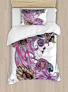 Ambesonne Gothic Duvet Cover Set, Day of Dead Illustration with Sugar Skull Girl in Flower Wreath, Decorative 2 Piece Bedding Set with 1 Pillow Sham, Twin Size, Purple Pink