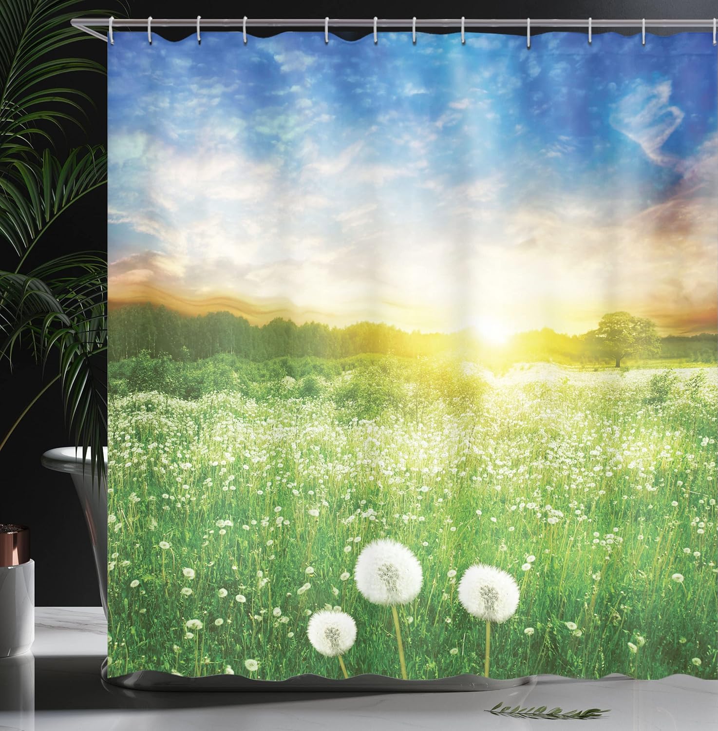 Ambesonne Spring Shower Curtain, Dandelion Flower Field Meadow Rural Grass Vivid Sunset Clouds Idyllic Image, Cloth Fabric Bathroom Decor Set with Hooks, 69" W x 70" L, Lime Green Blue