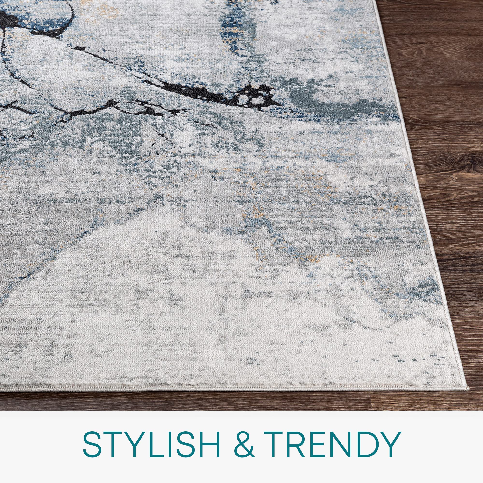 Livabliss Berlin Abstract - Kurzflor Wohnzimmer 80x220 cm, Flur, Esszimmerbereich - Modern Marmor Groß, Weich Luxuriös Pflegeleicht Mittelflor, Grau, Blau und Elfenbein