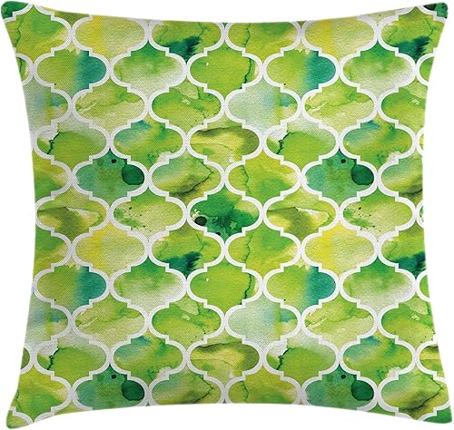 Ambesonne Funda de cojín con diseño de acuarela, diseño de enrejado marroquí en tonos verdes, acuarela, arte vintage, funda de almohada decorativa