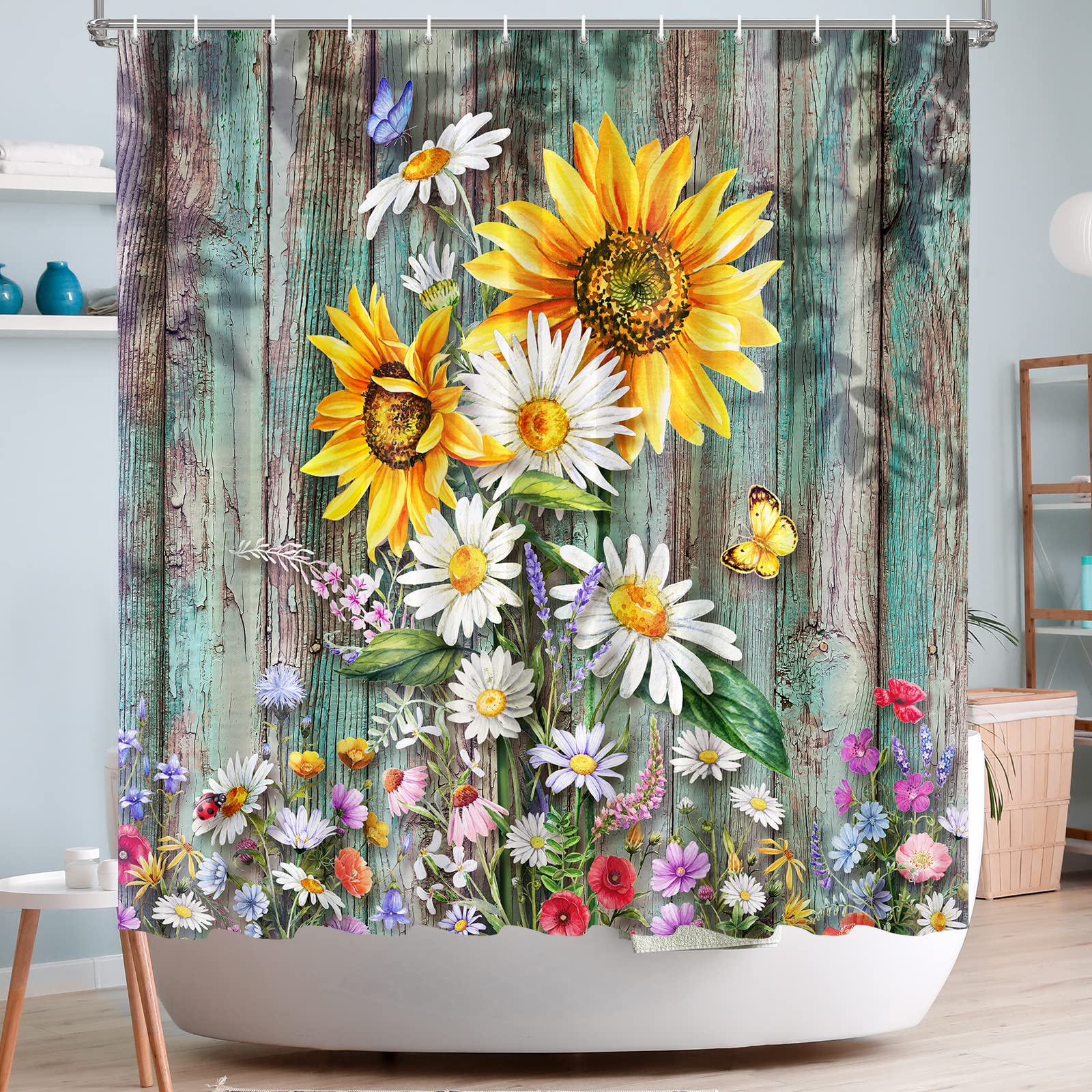 Vimorco Sunflower Shower Curtain, Butterfly Shower Curtains for Bathroom, Waterproof Quick-Dry Polyester Fabric Shower Curtain, Daisy Floral Bathroom