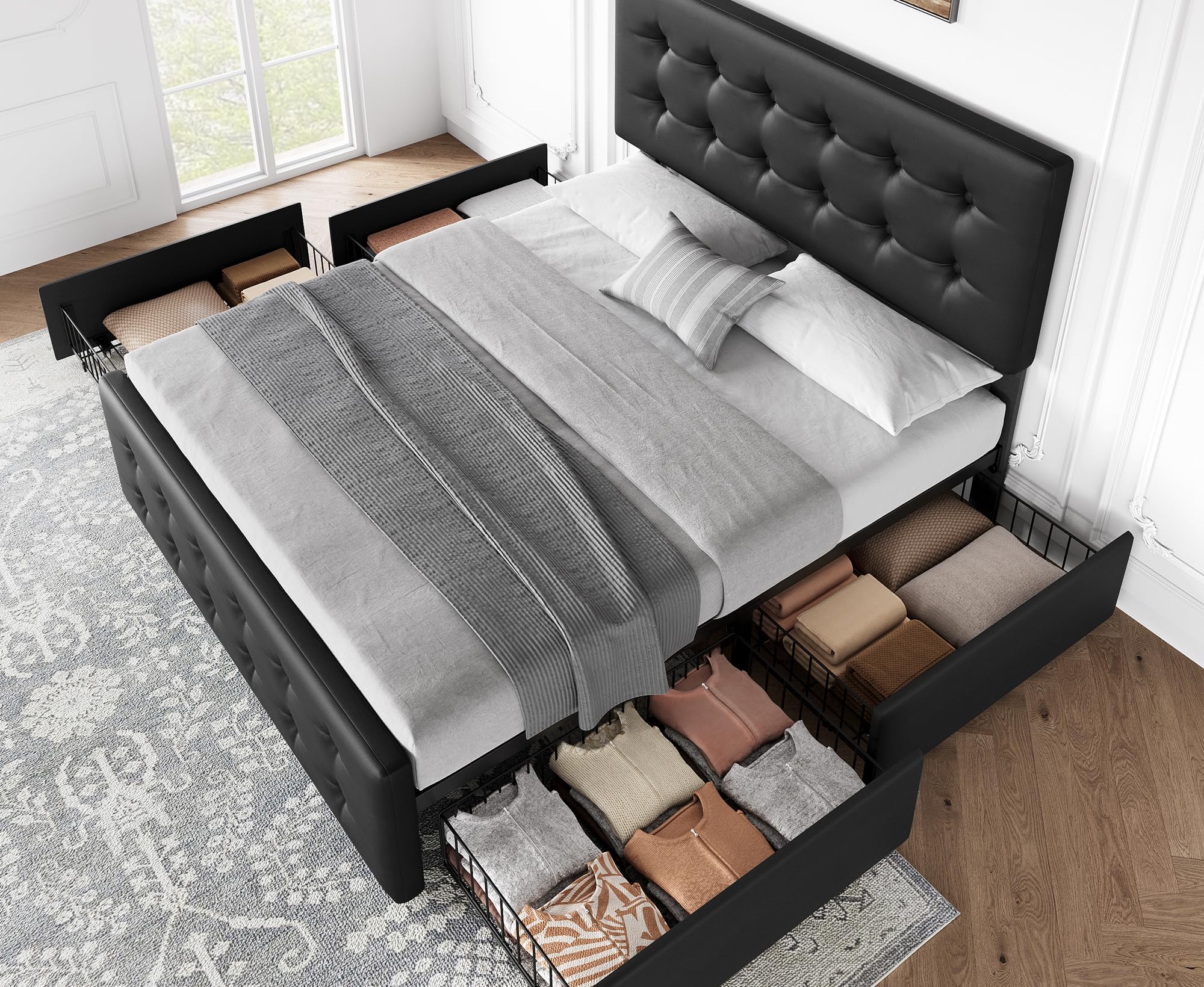 Full Size Bed Frame with 4 Drawers and Adjustable Headboard, PU Leather Upholstered Platform Bed with Button Tufted Design, No Box Spring Needed, Strong Wooden Slats, Black