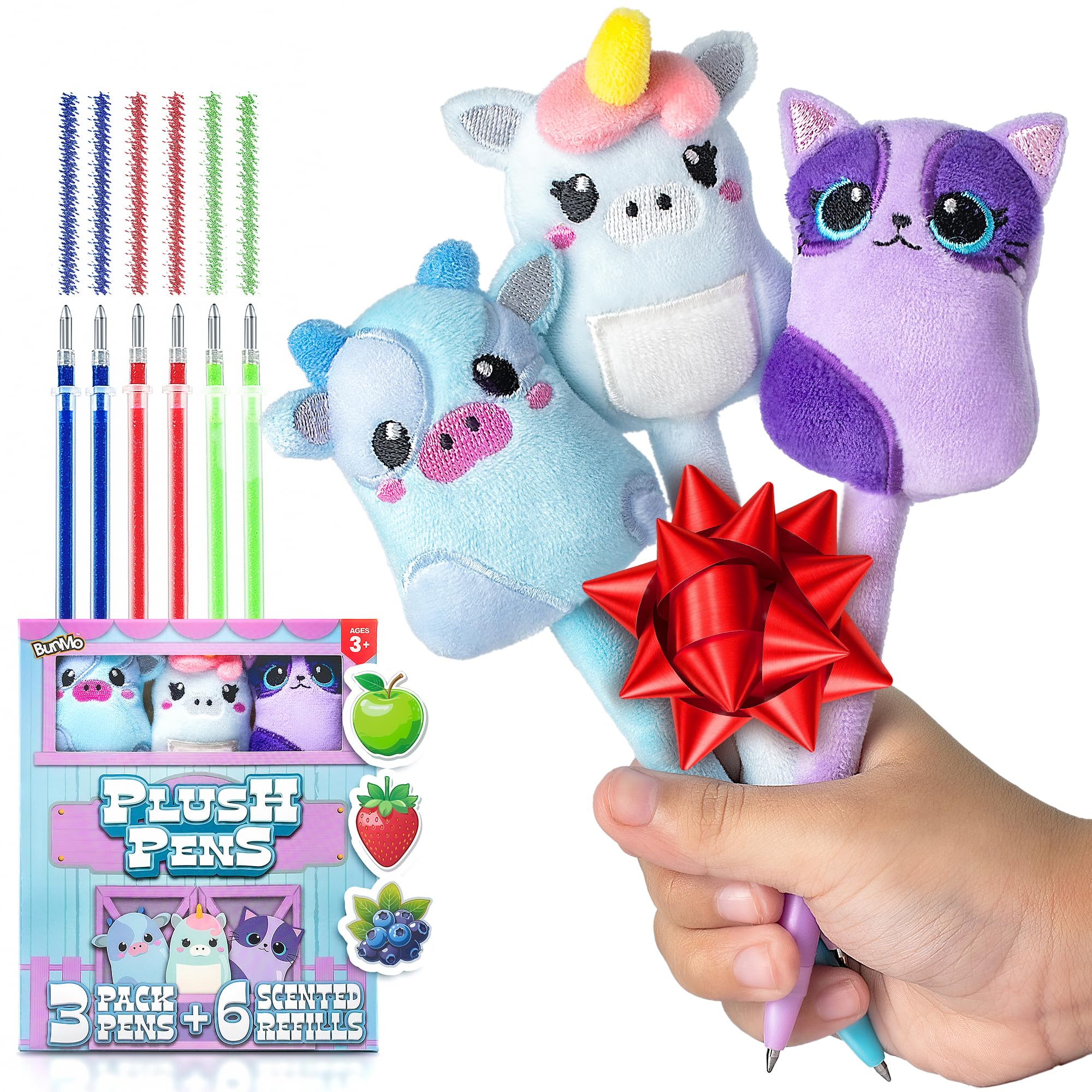 BUNMO Stocking Stuffers for Kids - 3 Pack Cute Pens - 6 Scented & Glittery Refills - Plush Fun Pens for Kids - Stuffed Cute Animals for Girls Kawaii Stationery - Stocking Stuffers for Girls