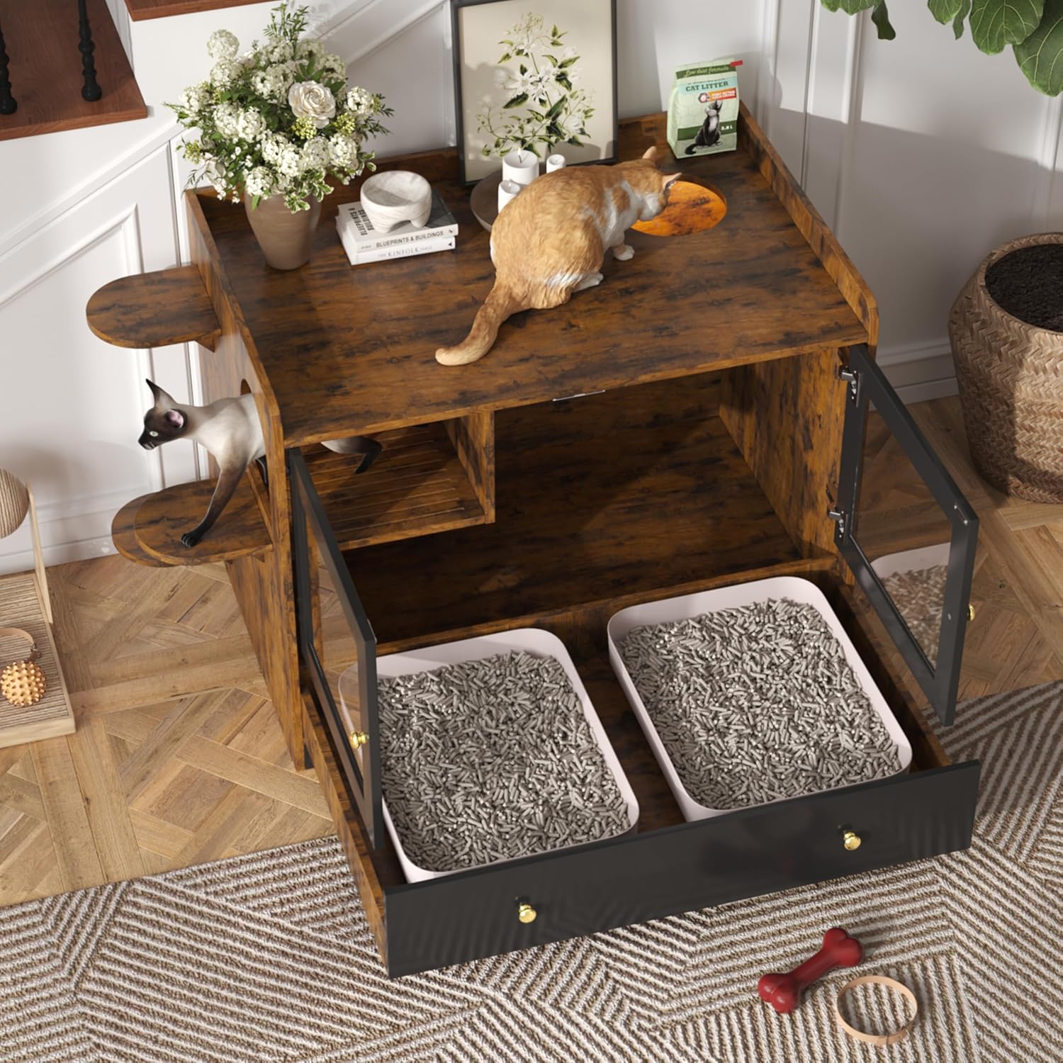 Cat Litter Box Enclosure with Drawer and Stairs, Hidden Cat Litter Box Furniture, Wooden Cats House Washroom for Bedroom, Side Table Cats Cabinet for Living Room, Rustic Brown and Black