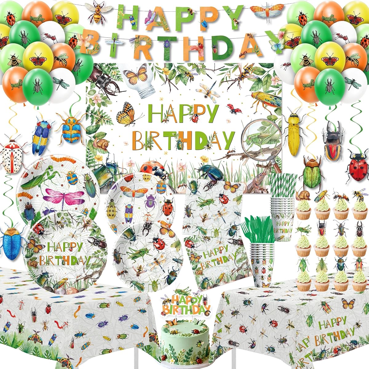 Bug Birthday Decorations, Garden Nature Themed Insect Party Supplies | For Birthday Baby Shower, Plate, Cup, Napkin, Tablecloth, Background, Banner, Balloon, Cake Topper, Cutlery, Straw, Serves 24