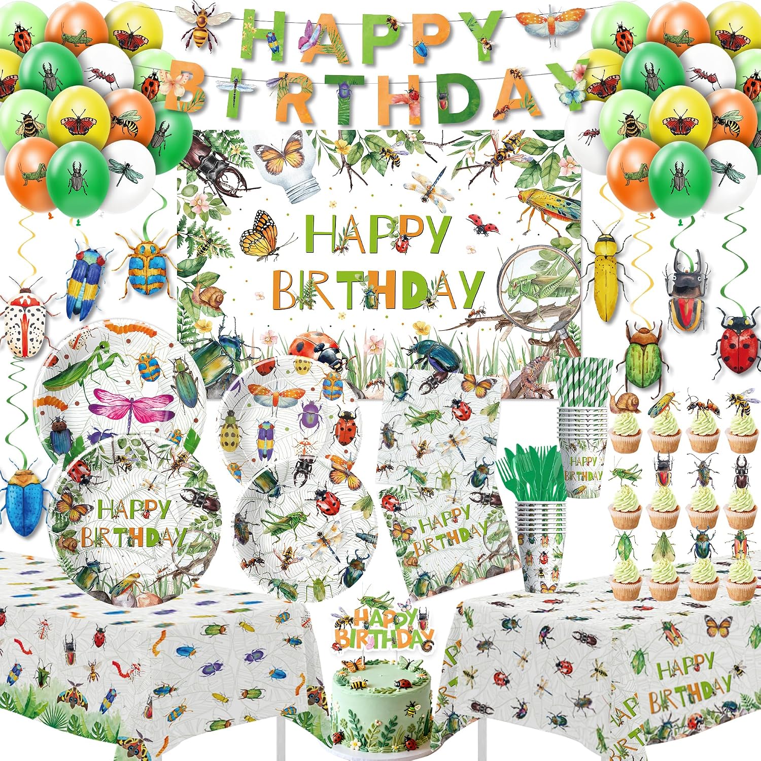 Bug Birthday Decorations, Garden Nature Themed Insect Party Supplies for Birthday Baby Shower, Plate, Cup, Napkin, Tablecloth, Background, Banner, Balloon, Cake Topper, Cutlery, Straw, Serve 24
