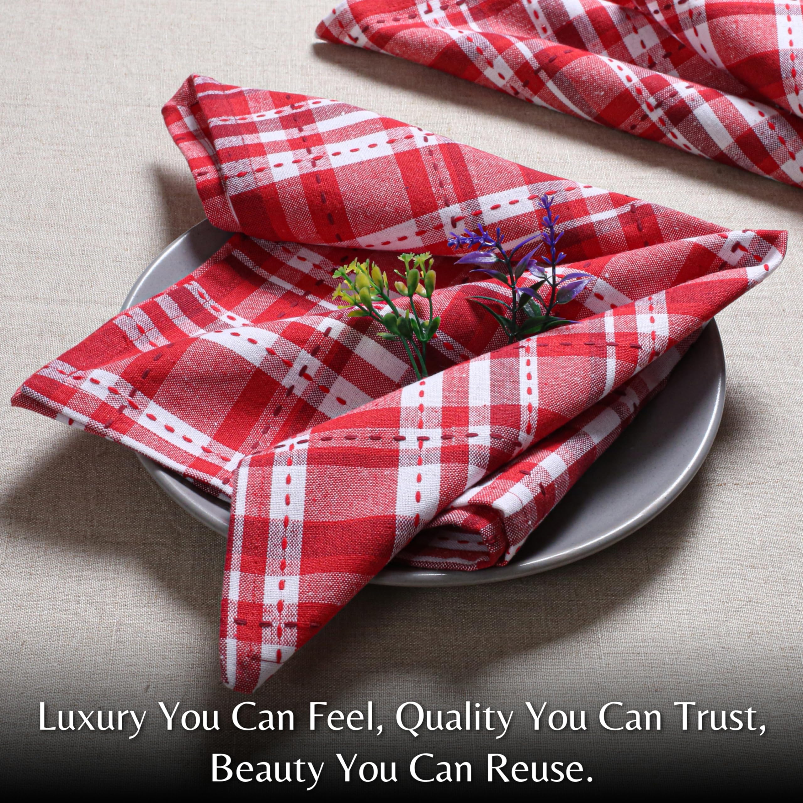 Ramanta Home Red Cloth Napkins Set of 12 - Christmas Plaid Check Dinner Napkin for Holiday Party, Xmas White Tartan Washable Cotton Fabric Reusable Table Linen for Everyday Use 18x18 Inch - Red