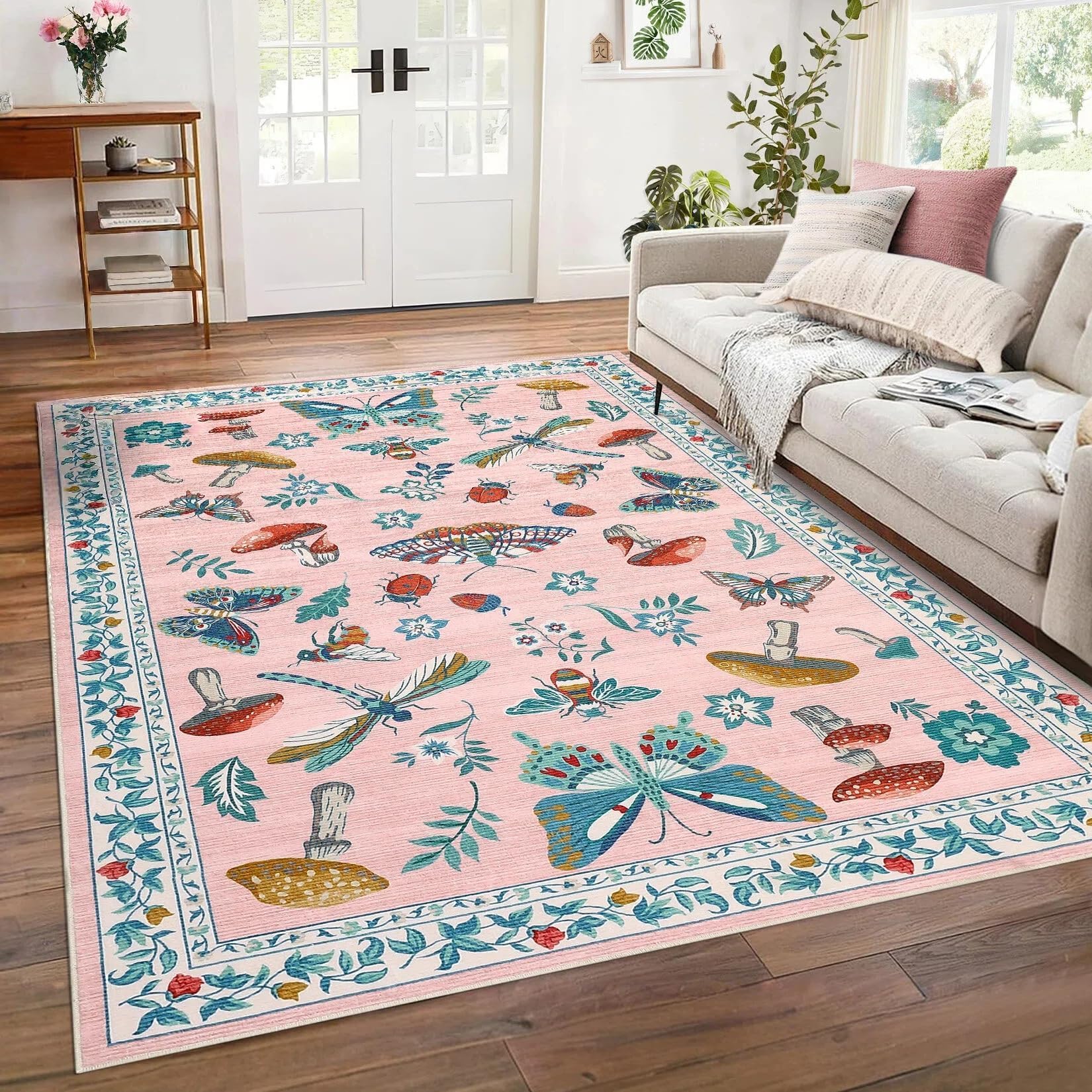 CAROMIO Wald Teppich Kinderzimmer 200x290 cm Kurzflor Waschbar Altrosa