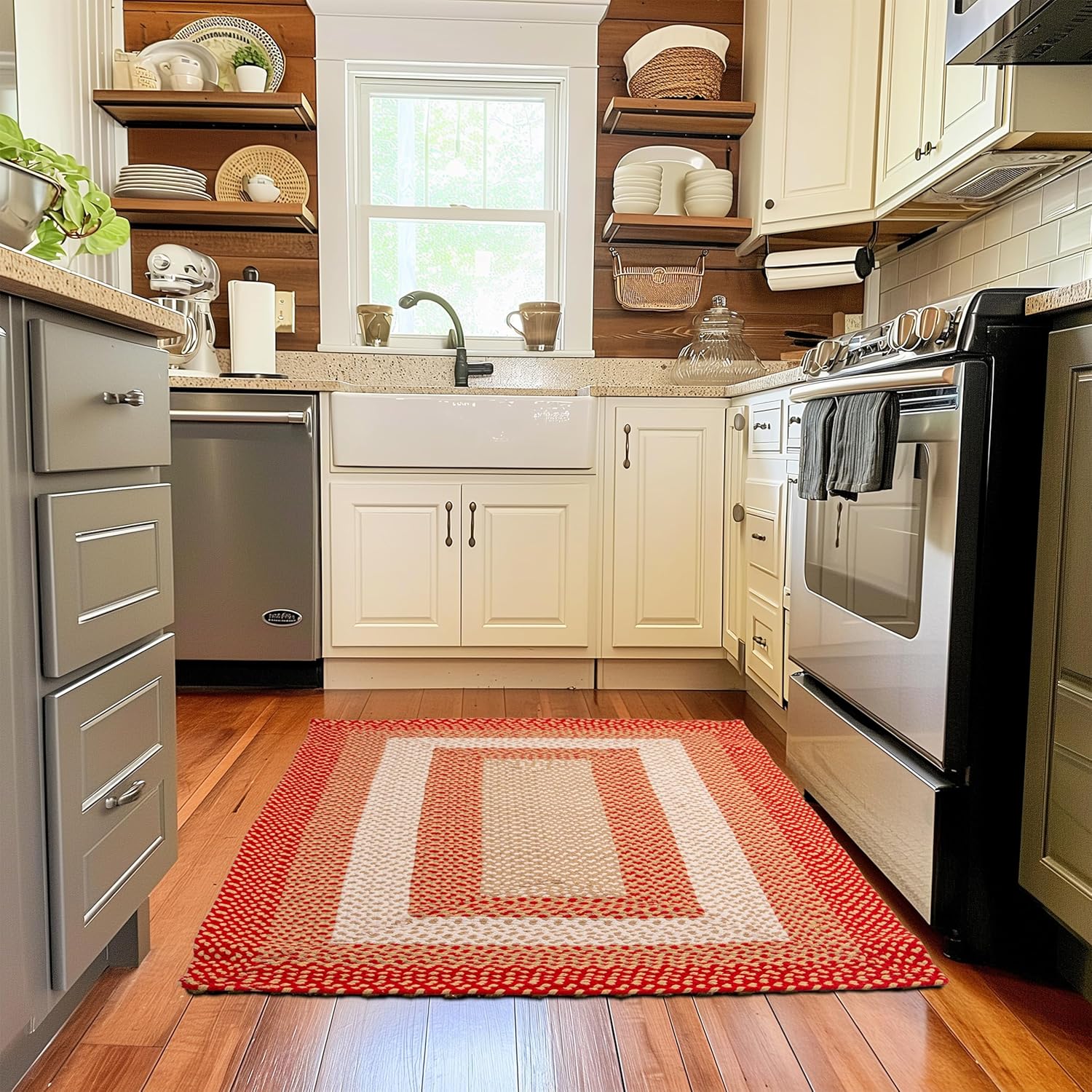 Super Area Rugs 20x30 Farmhouse Braided Rug - Natural Soft Cotton Carpet for Bathroom, Kitchen, Doorway - Primitive Country Woven Rug - Red/Cream/Ivory