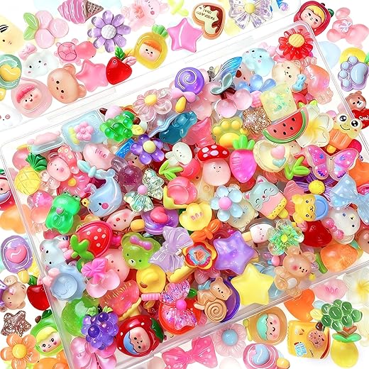 120PCS Mixed Colors Slime Charms Cute Flatback Random Resin Charms Bulk, Slime Accessories Embellishments for Phone Junk Cases, Scrapbooking, Hair Clips & DIY Craft Decoration(Mixed Colors)