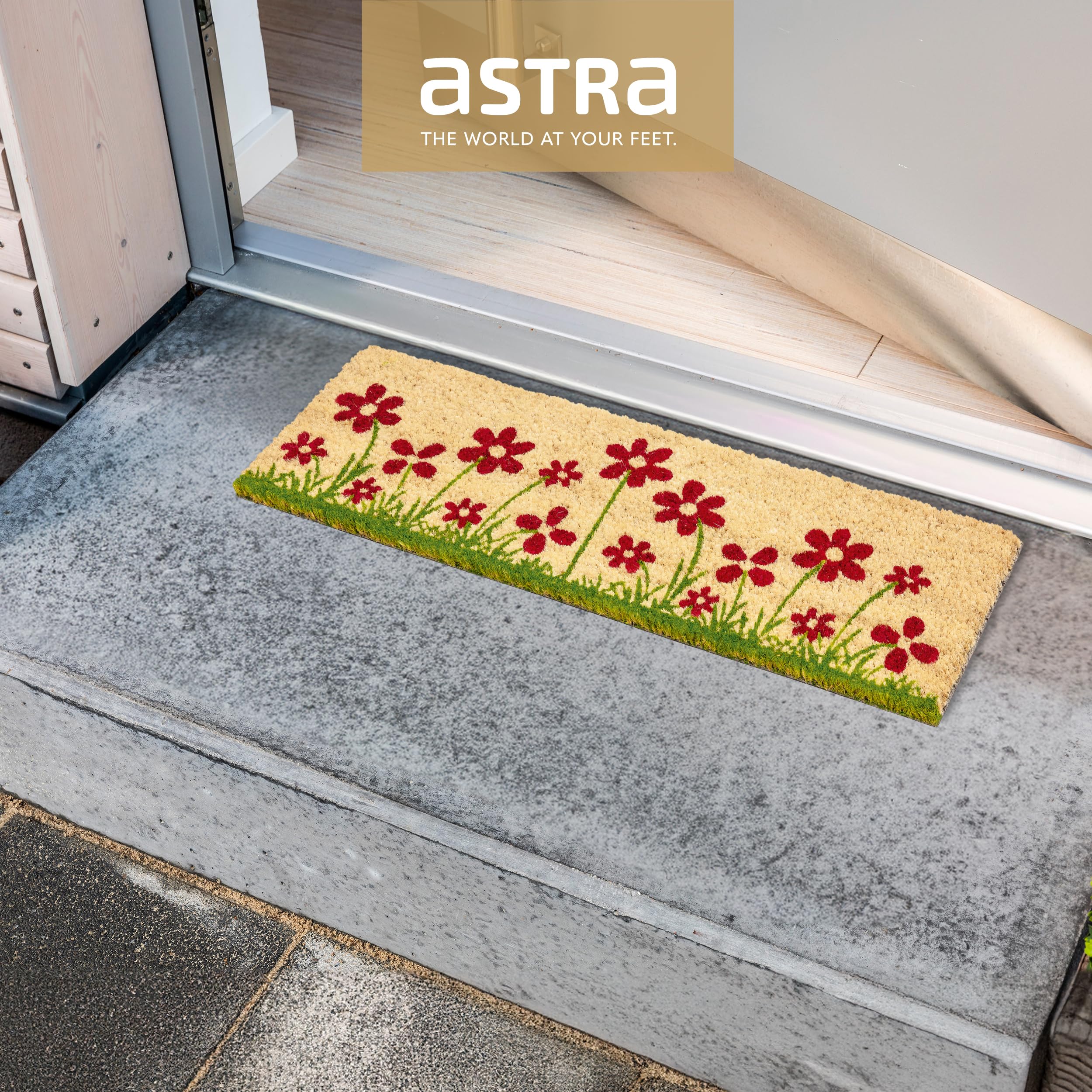 Astra Zerbino per interni Fiori naturali 25 x 75 cm - Tappetino stretto in cocco antiscivolo per interni ed esterni coperti - Zerbino per scarpe 100% cocco