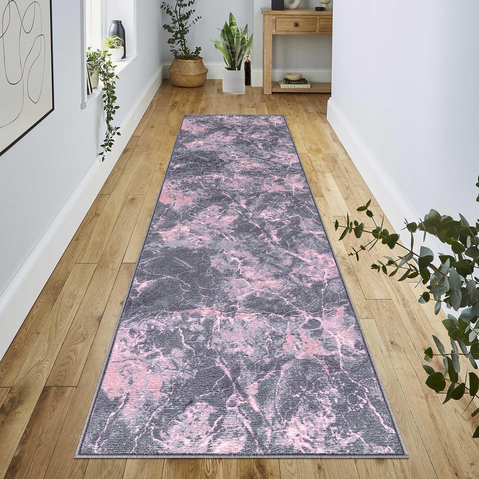 renoazul® Abstract Design Hall Runners Non Slip Extra Long With Gel Back - Marble Rug - 80 x 300 cm - Pink - Washable Low Pile, Long Hallway Runner Rug - Ideal For Living Room, Bedroom And Lounge