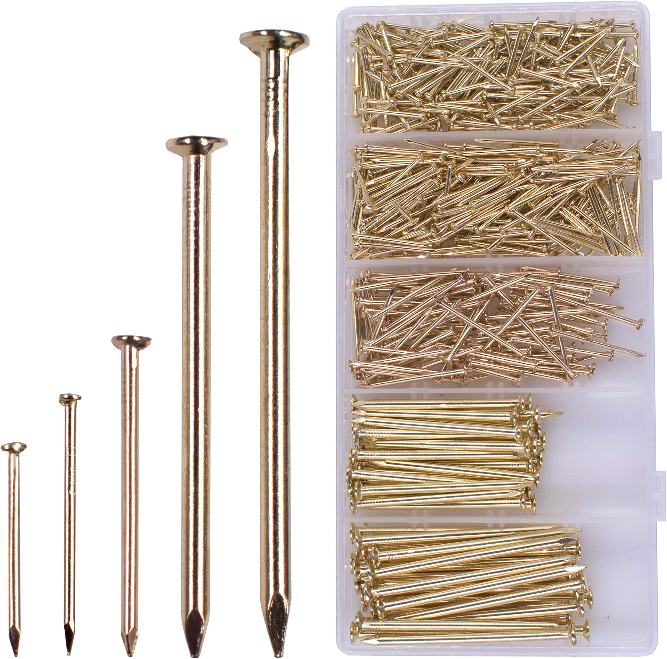 OMOTOOL Hardware Nail Assortment Kit (560pcs), Brass Plated Nails for Hanging Pictures and Woodworking, 5 Size Assortment