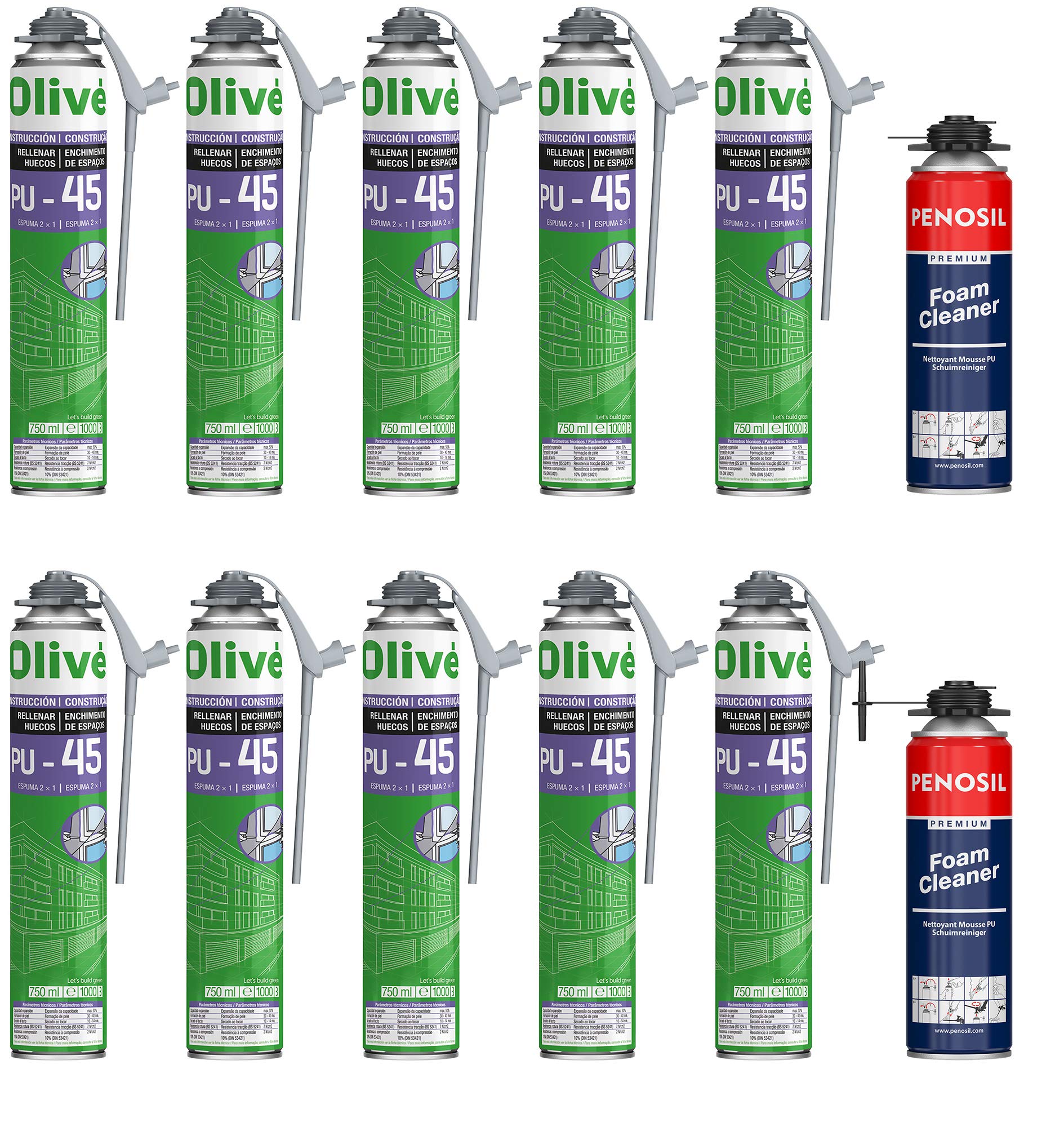 10 espumas expansivas de poliuretano de 750 ml + 2 limpiadores – Expansión moderada – Ideal para el aislamiento de carpinterías