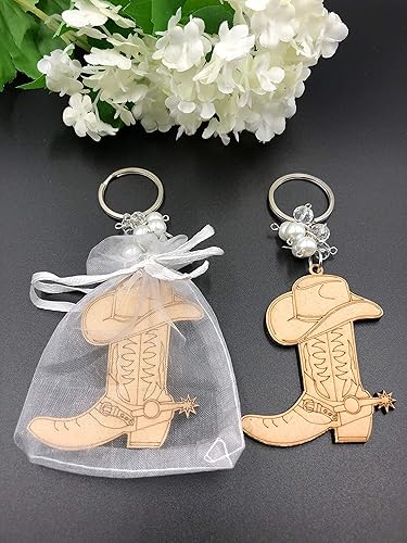 Miniatura 3 de 12 Uds. Botas de vaquero Llavero de diseño de madera con bolsas de organza Comfirmación/Bautismo/Comunión Favores para niño o niña Recuerdos de