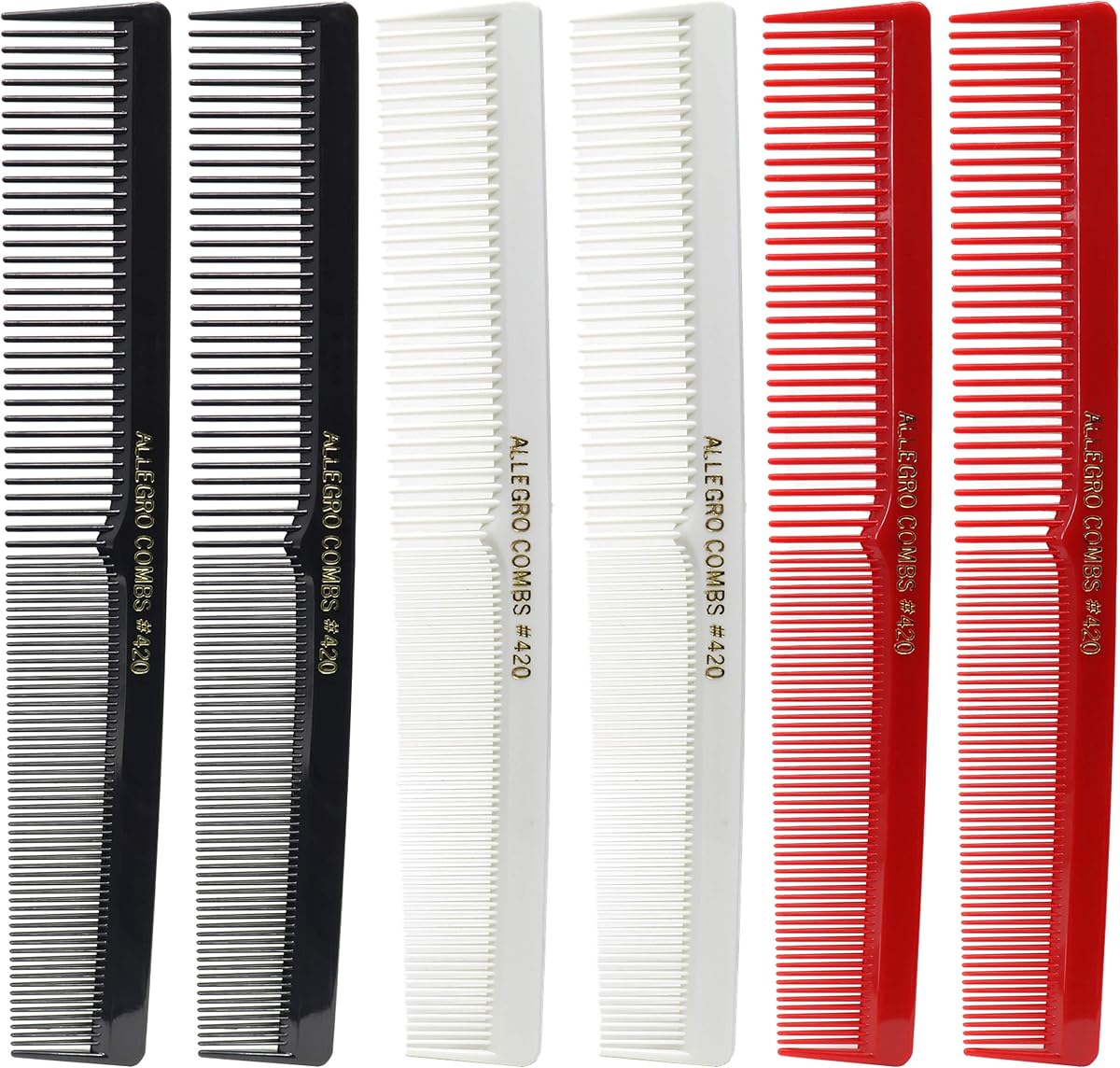 Allegro Combs 420 Juego de peines de barbero para cortar y peinar el cabello - 6 peines de bolsillo para estilistas en negro, rojo y blanco