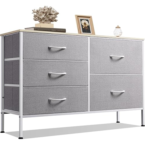 WLIVE Dresser for Bedroom with 5 Drawers, Wide Bedroom Dresser with Drawer Organizers, Chest of Drawers, Fabric Dresser for Living Room, Closet, Hallway, Nursery, Light Grey