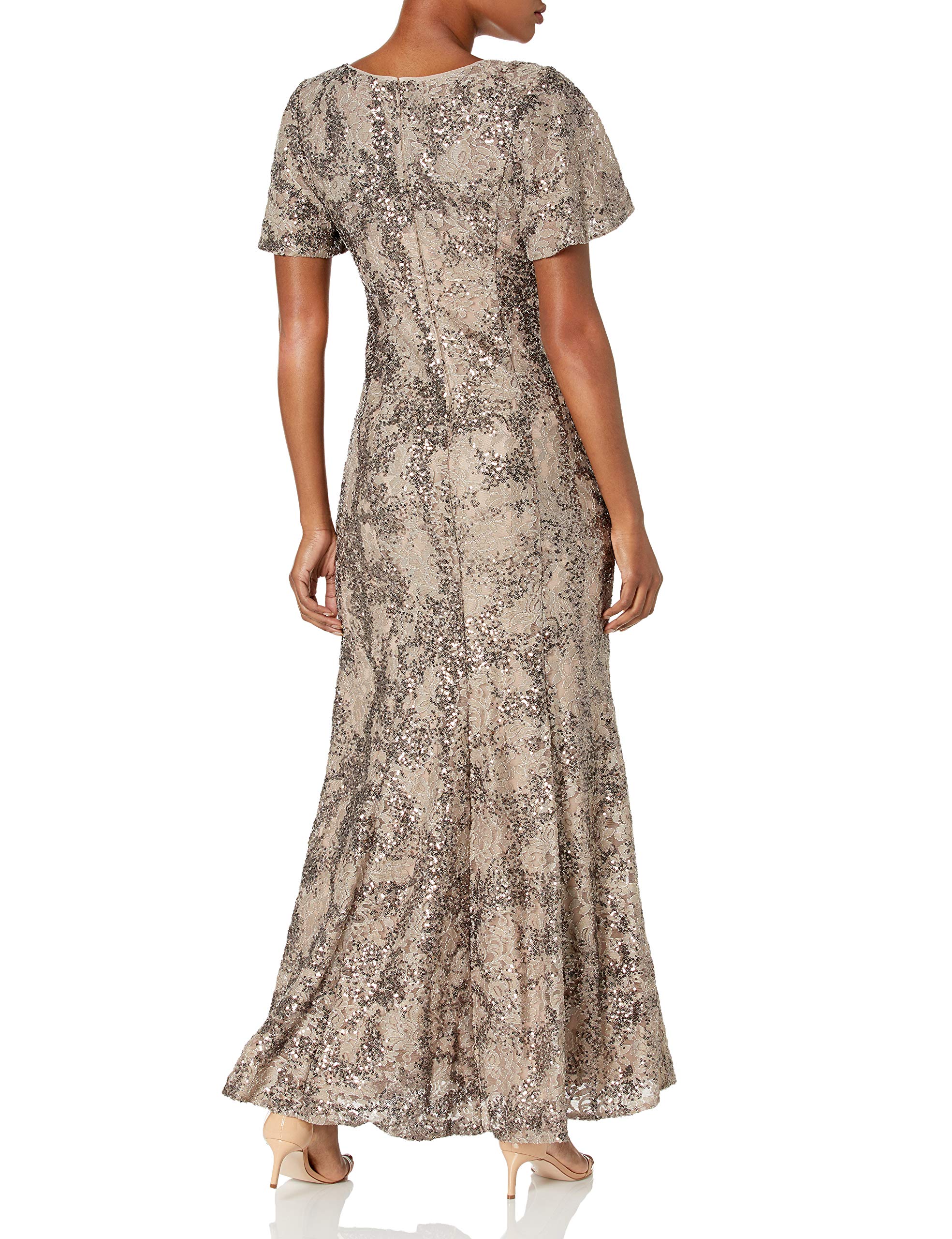 Alex Evenings Womens Long Length A-line Sequin Lace V-Neck Mother of The Bride Dress, Formal Event Gown with Short Sleeves: 12 Petite Taupe