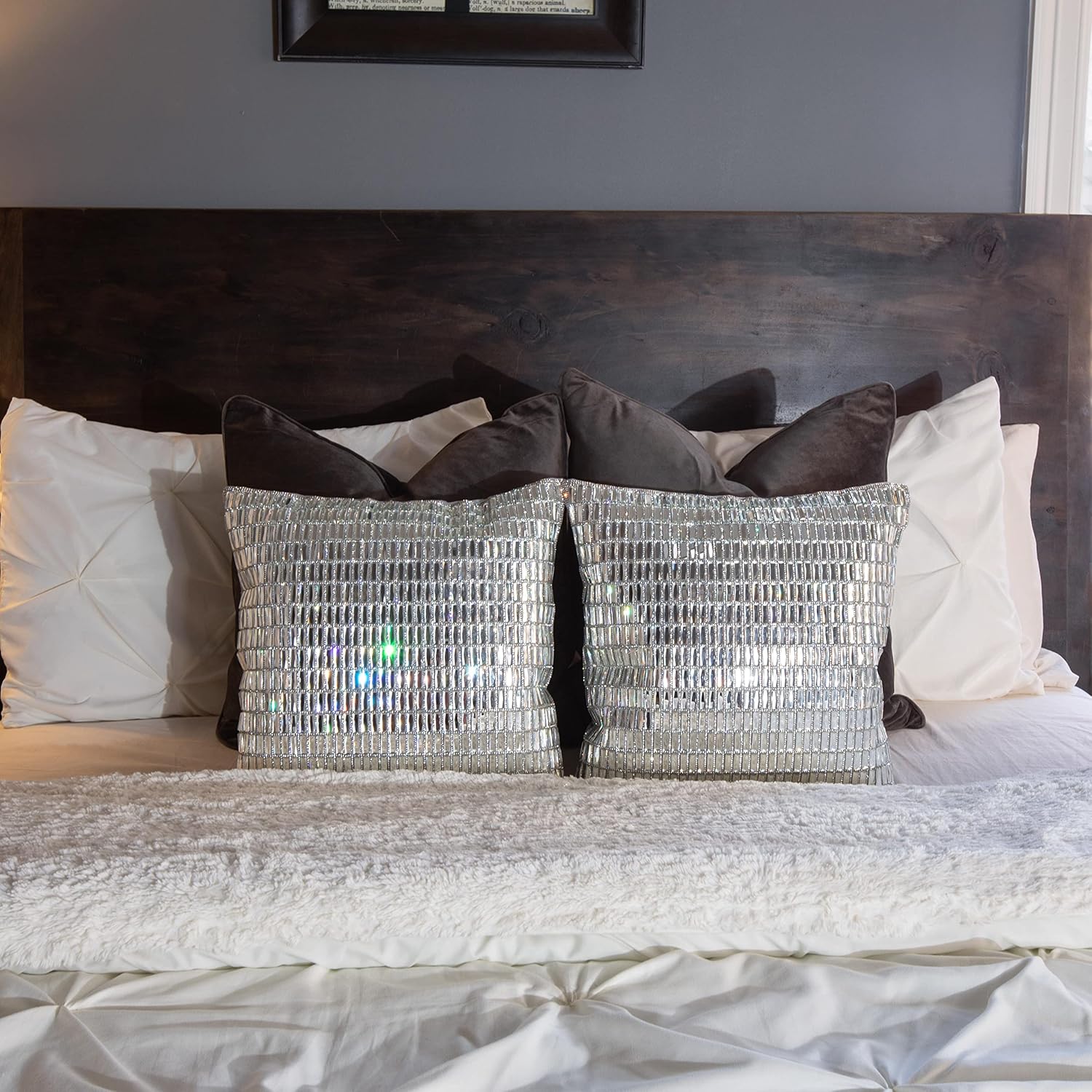 Fifth Avenue Pillow, Velvet Backing, Glass Stones, Dramatic, Hypoallergenic Fiber Insert, for Sophisticated Luxury Home Decor, Silver, 16", Sold Individually