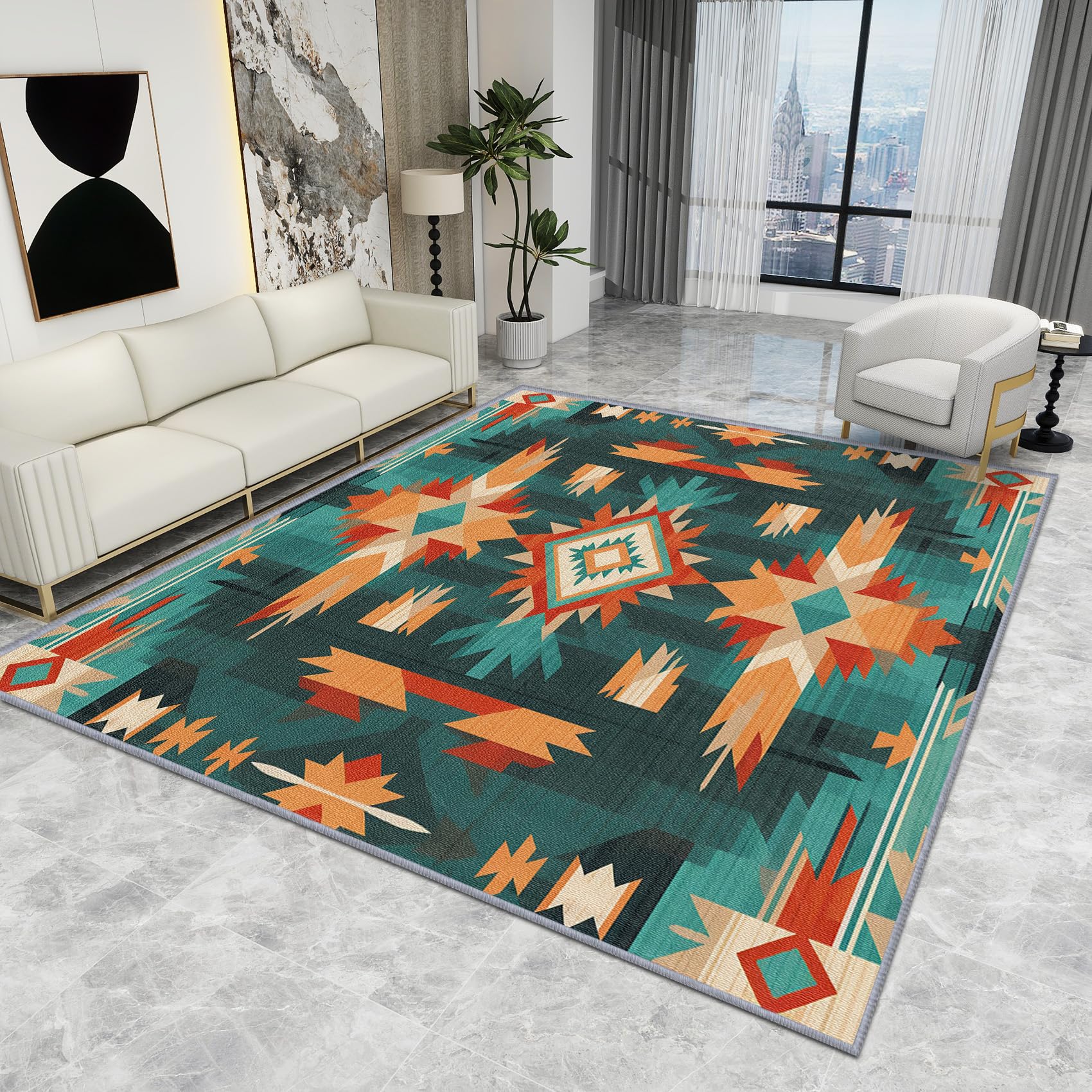 Aztec Rug Blue - Native American Rug - Rustic Geometric Abstract Rugs, Rustic Geometric Abstract Carpet, Washable Rug Non Slip Low Pile Soft Small Area Rugs, Home Decor Gifts, 60 X 110 cm