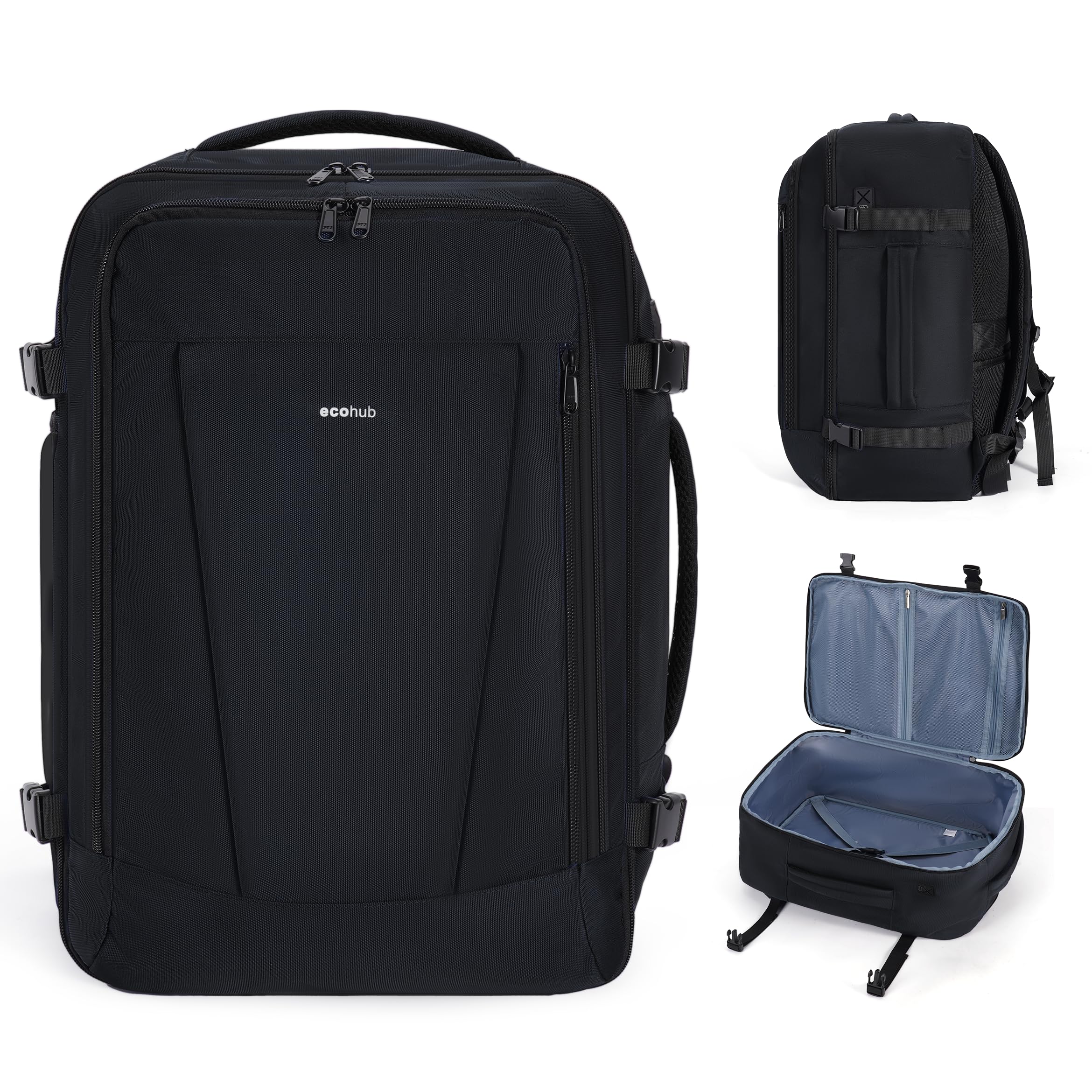 ECOHUB Large Travel Backpack for Men Carry on Bag Water Resistant Black | 19.5x13x8 Laptop Backpack TSA Friendly 30L Backpack fits 17.3" Computer United/American/Delta/Southwest Airlines Approved