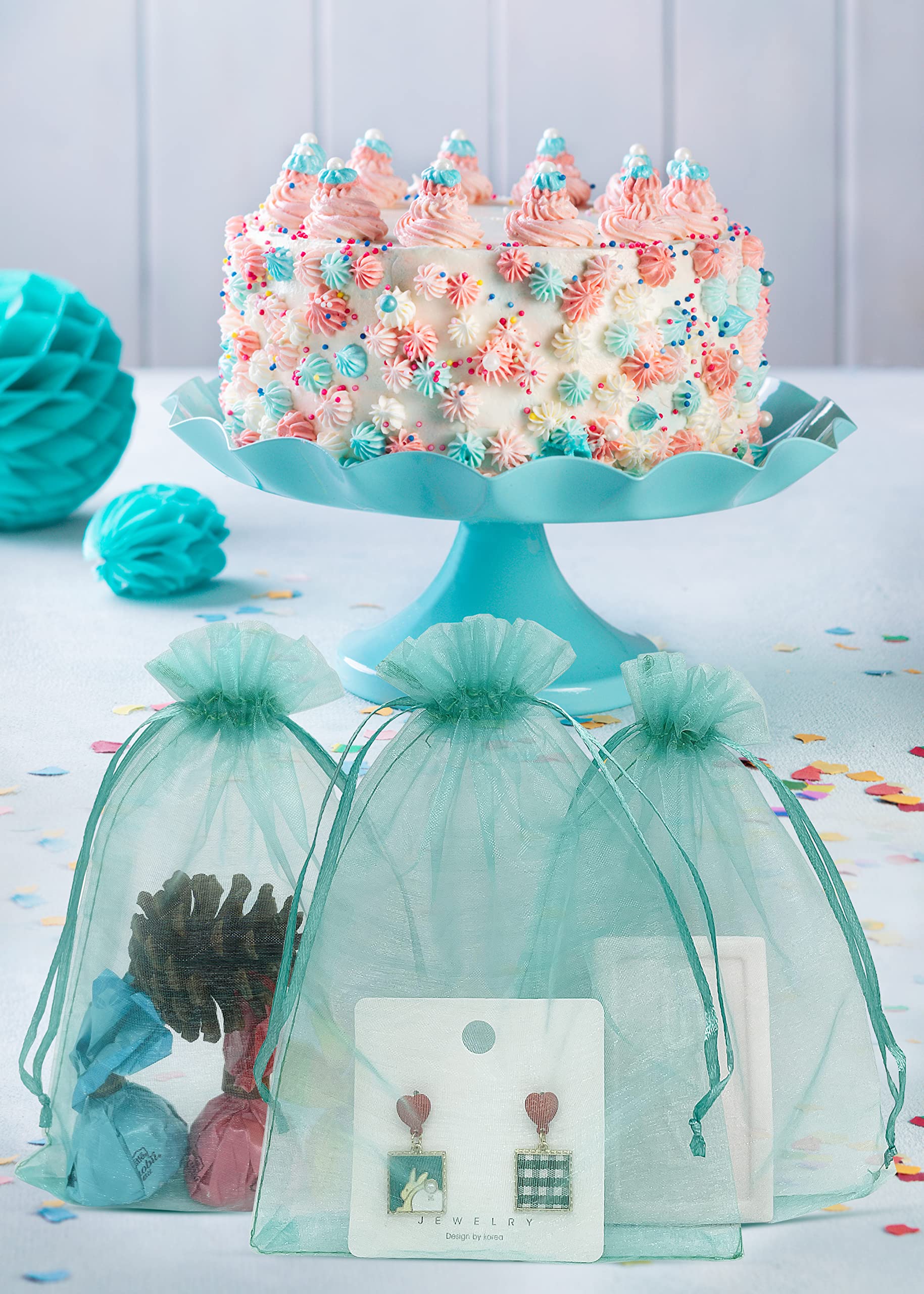 Jexila 100PCS Sheer Teal Organza Bags 4''X6' Small Mesh Drawstring Jewelry Gift Pouch for Baby Shower Wedding Party Favor Goodie Candy