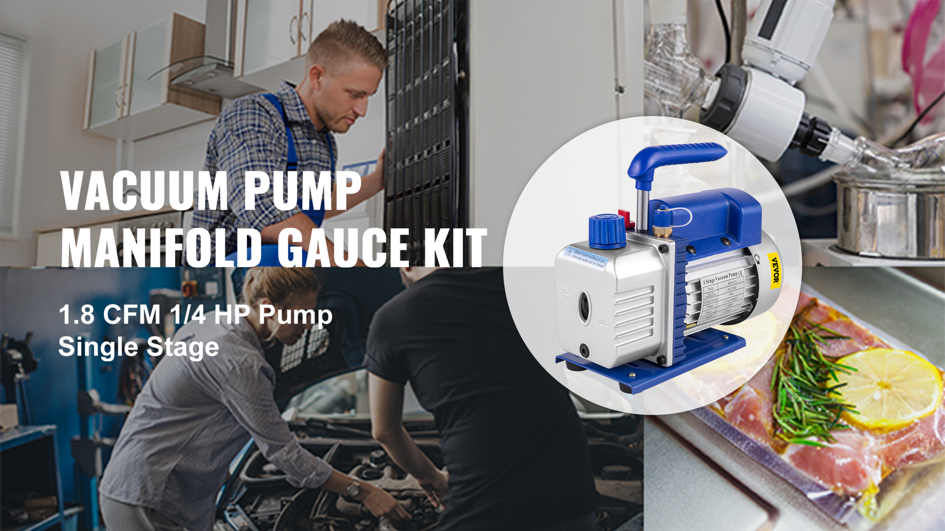 VEVOR Vacuümkamer 3CFM Vacuümpomp, Koelmiddel 1/4 PK Conditionering