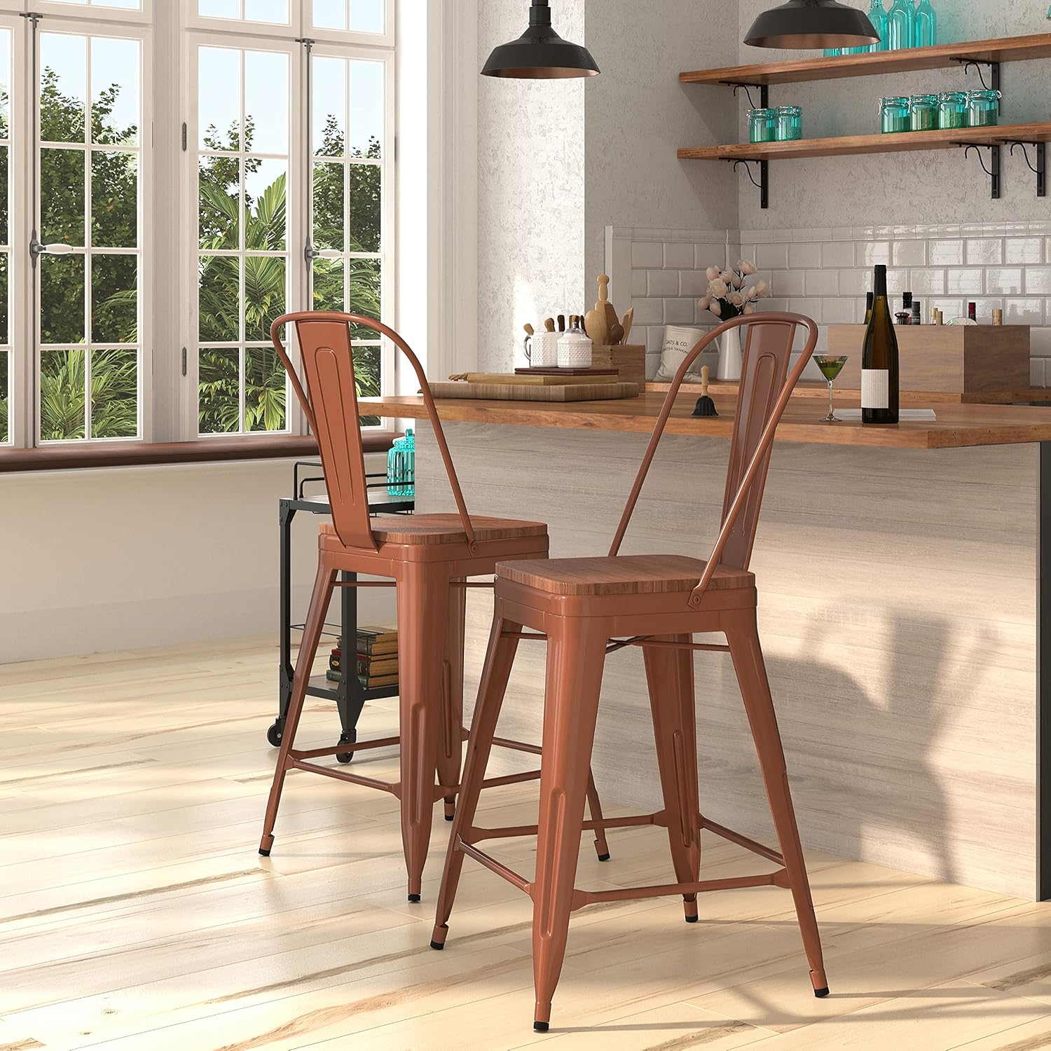 Merrick Lane Sarah 24" Indoor-Outdoor Counter Stool with Wood Seat - Metal Stool with Copper - Vertical Slat Back - Integrated Footrest