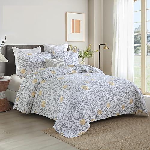 Miniatura 3 de Homzard Juego de edredón Queen para cama, edredones 100% algodón tamaño Queen, colchas amarillas, grises y blancas (90 x 98 pulgadas) con 2 fundas