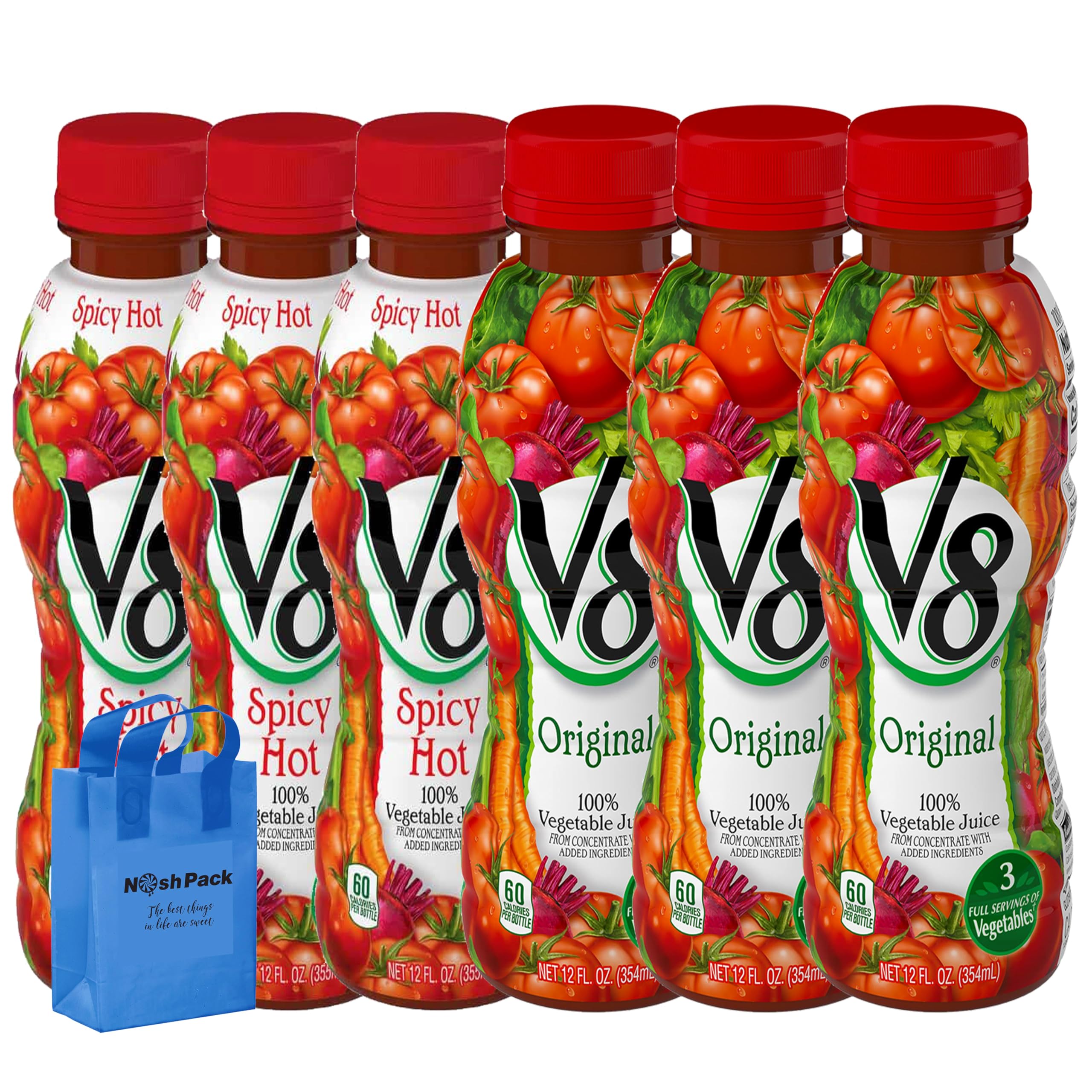 NOSH PACK V8 Juice Original and Spicy Hot Sampler Pack, 100% Vegetable Juice, 12 Fl Ounces, with Nosh Pack Bag, 6 Pack
